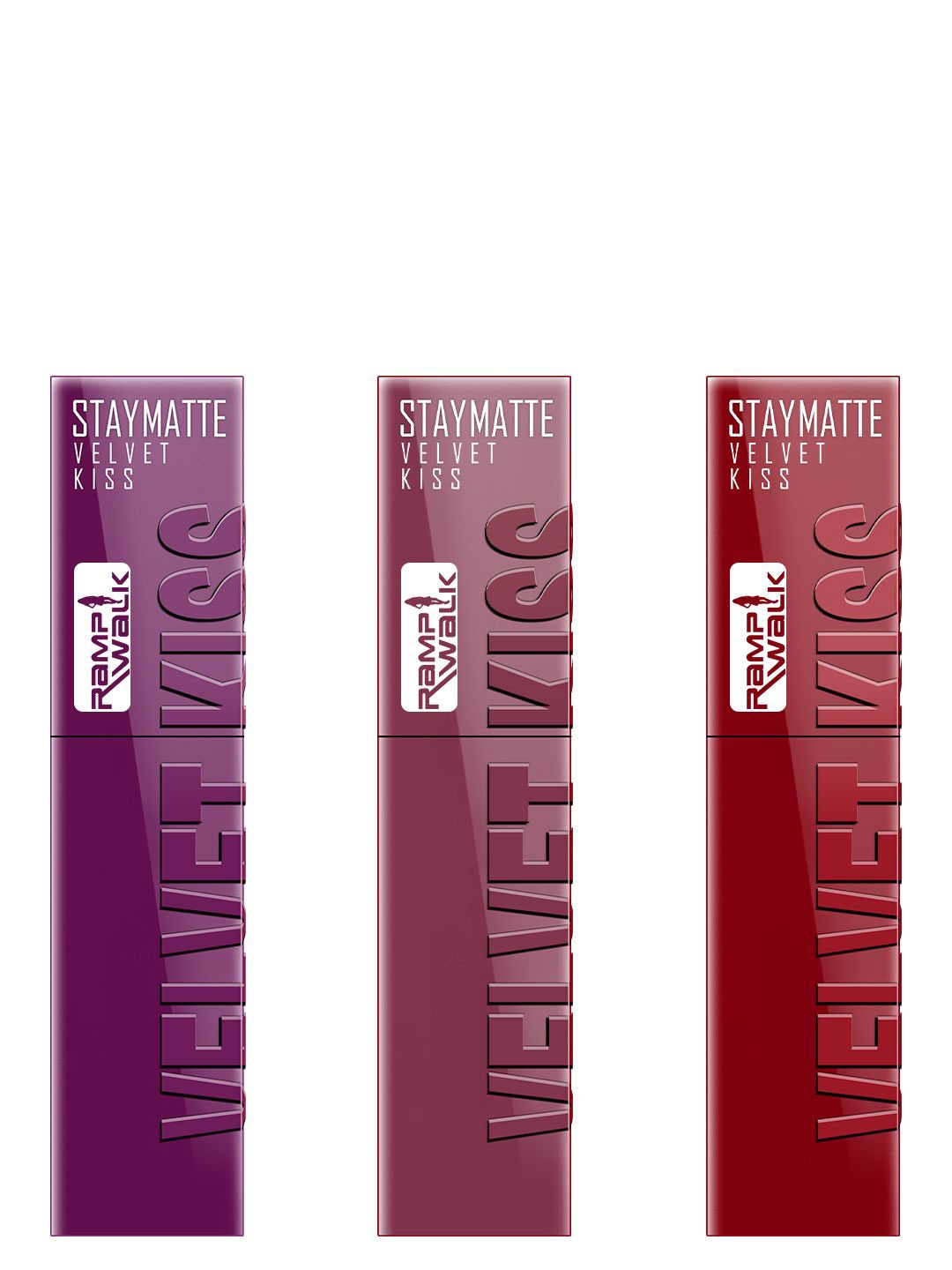 

Ramp Walk Set Of 3 Velvet Kiss Liquid Lipstick - 3.5 ml Each- Wine- Light Mauve-Cherry Red, Purple