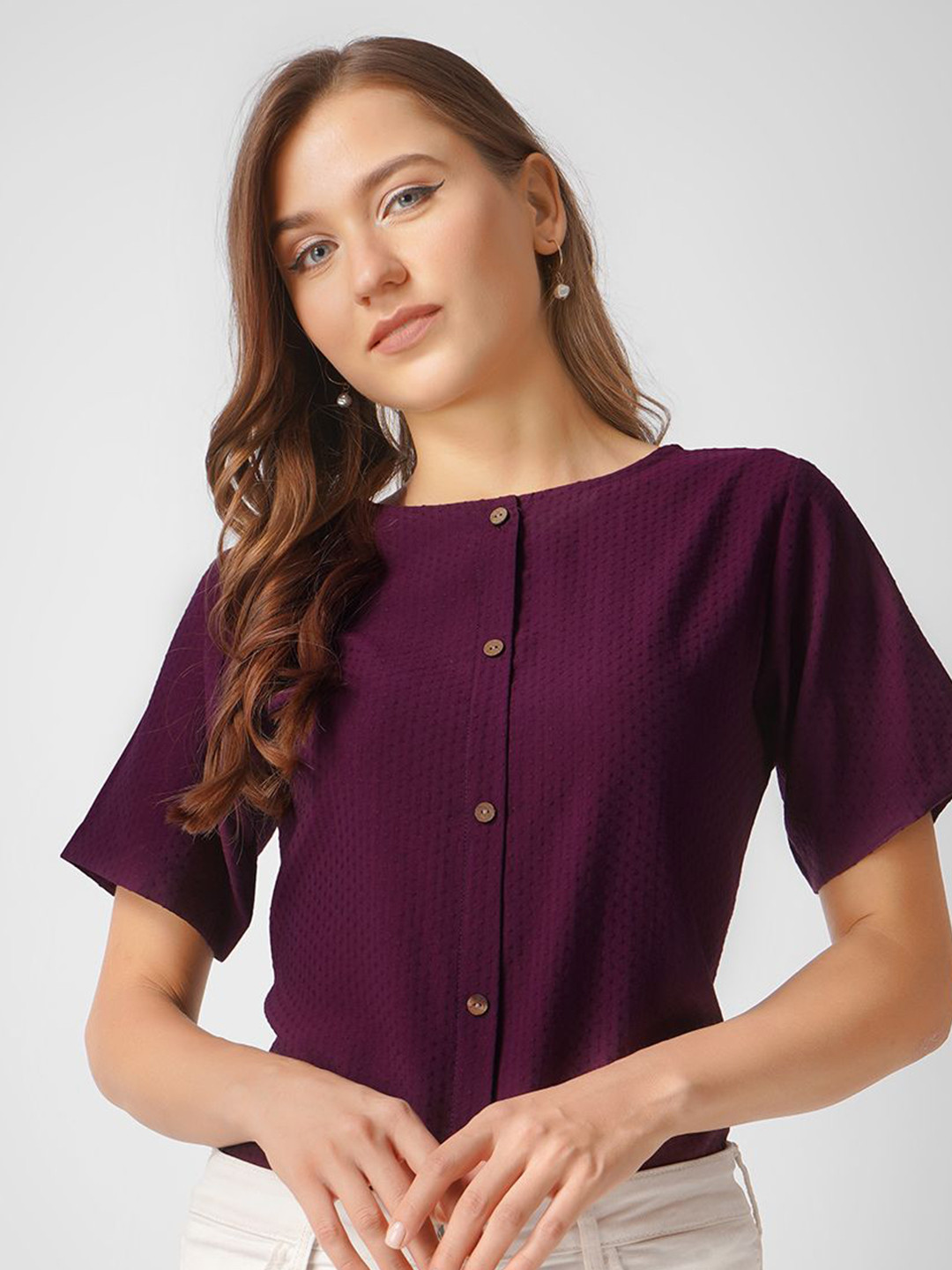 

Kinjo Women Boat Neck Cotton Top, Purple
