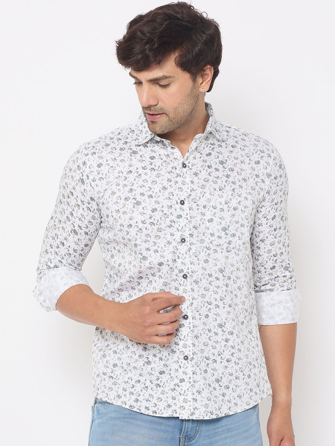 

Duke Men Spread Collar Floral Printed Cotton Slim Fit Casual Shirt, White