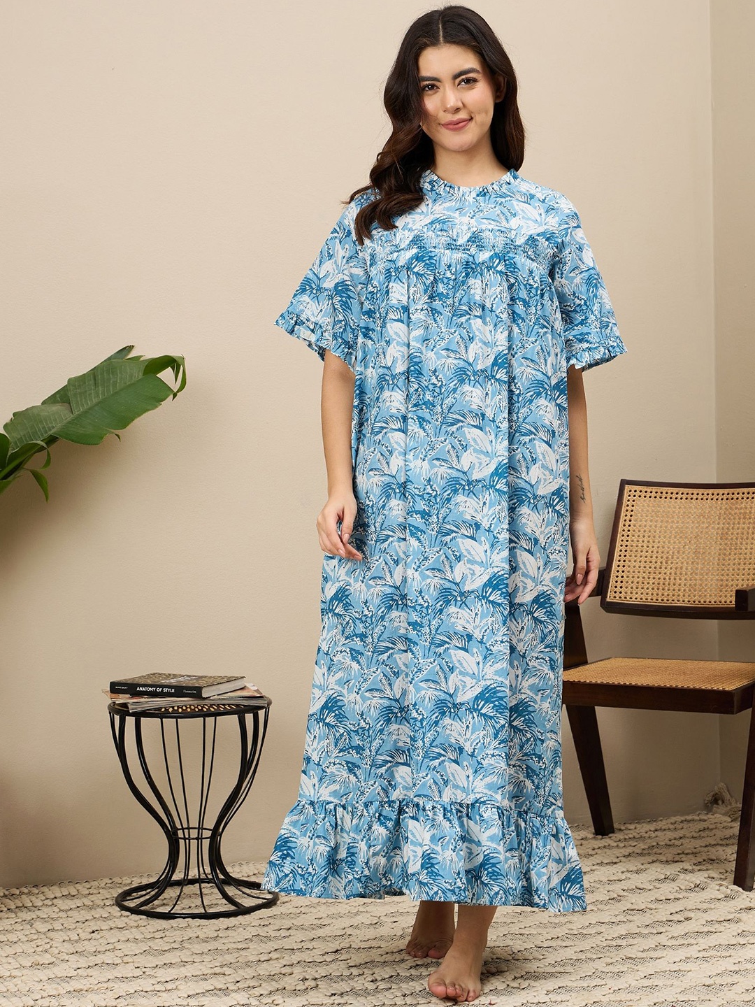 

ETC Women Pure Cotton Printed Maxi Nightdress, Blue