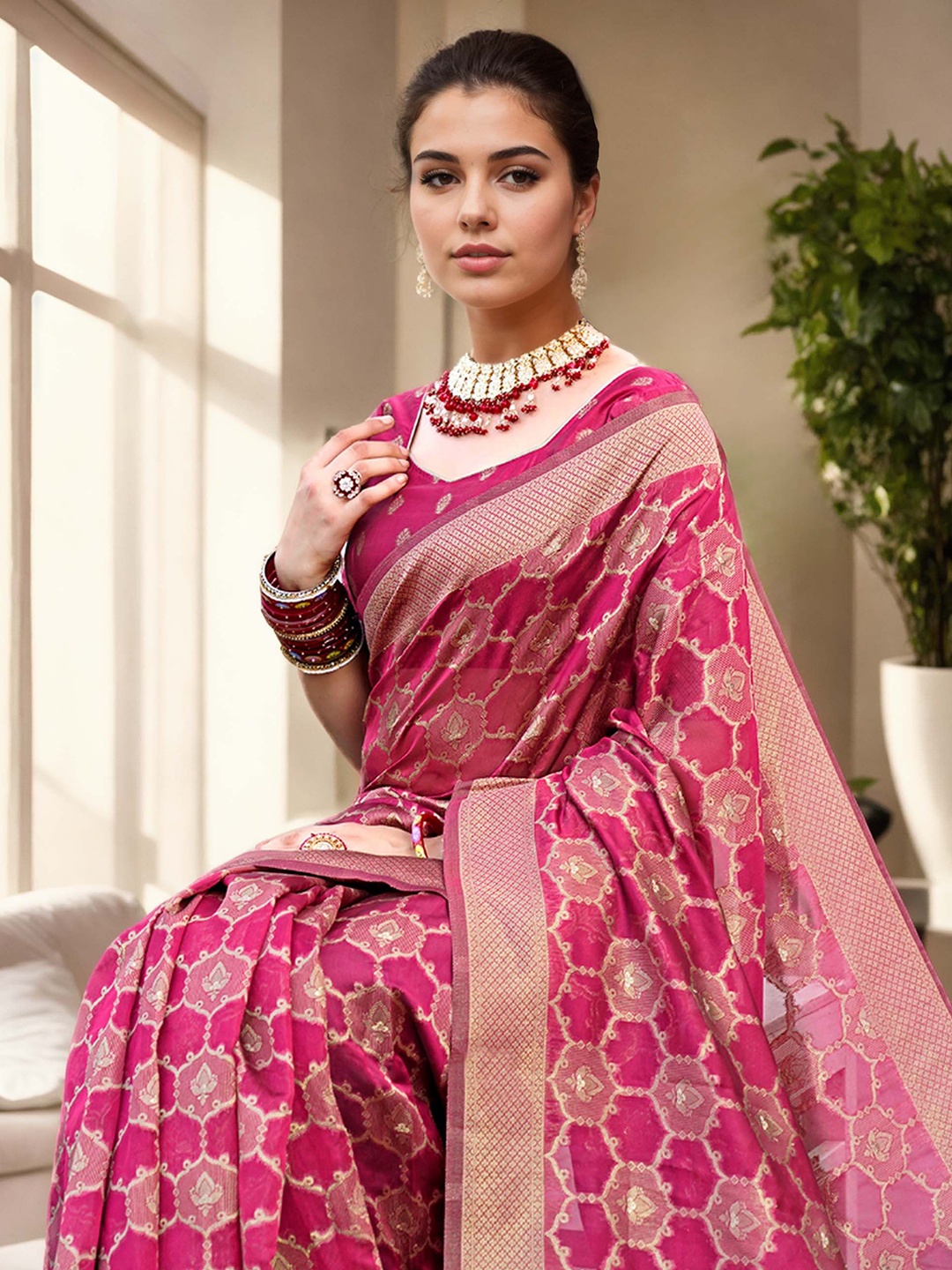 

Anouk Woven Design Zari Organza Banarasi Saree, Pink