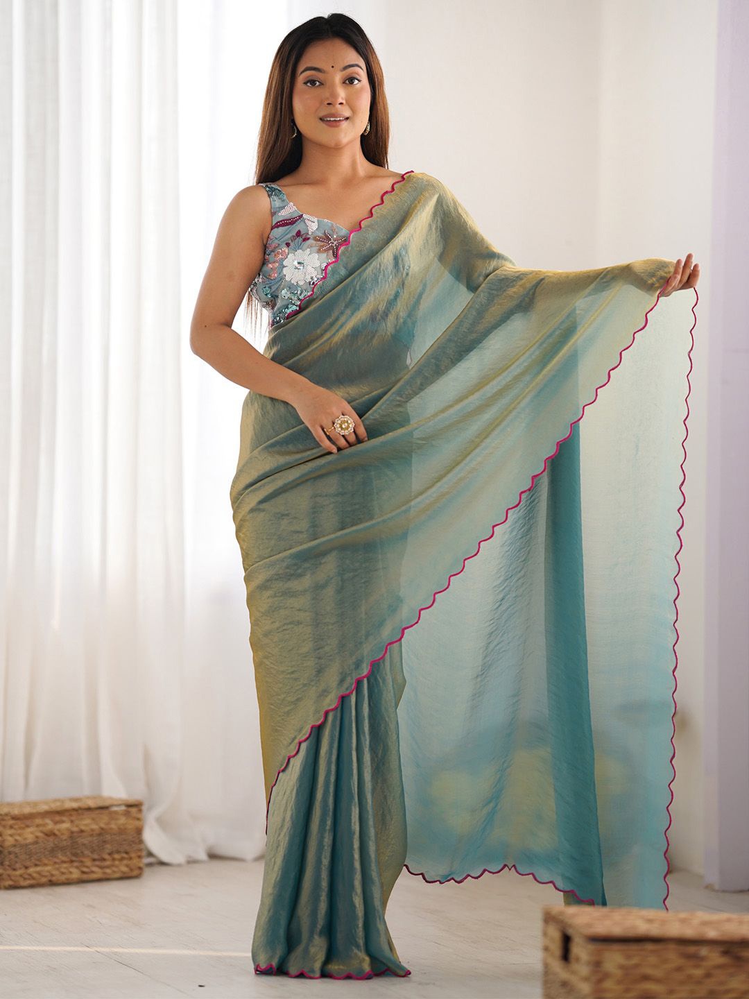 

Anouk Women Satin Saree With Sequinned Border, Sea green