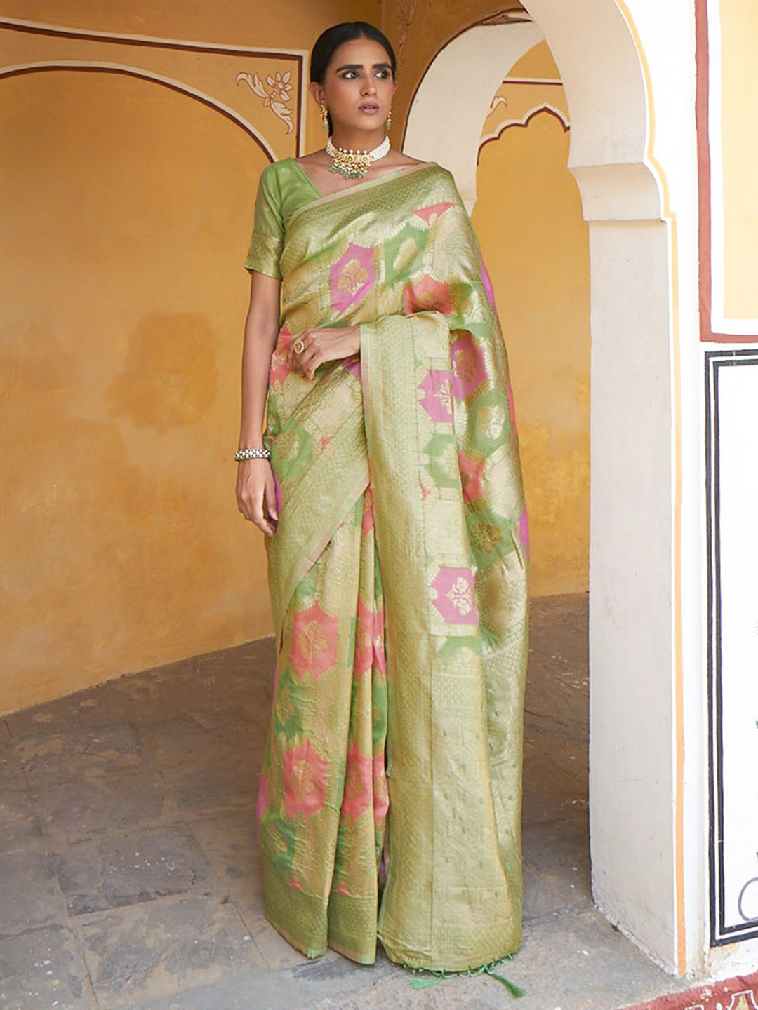 

KALINI Light Green Chanderi Silk Ethnic Motifs Saree with Unstitched Blouse Piece
