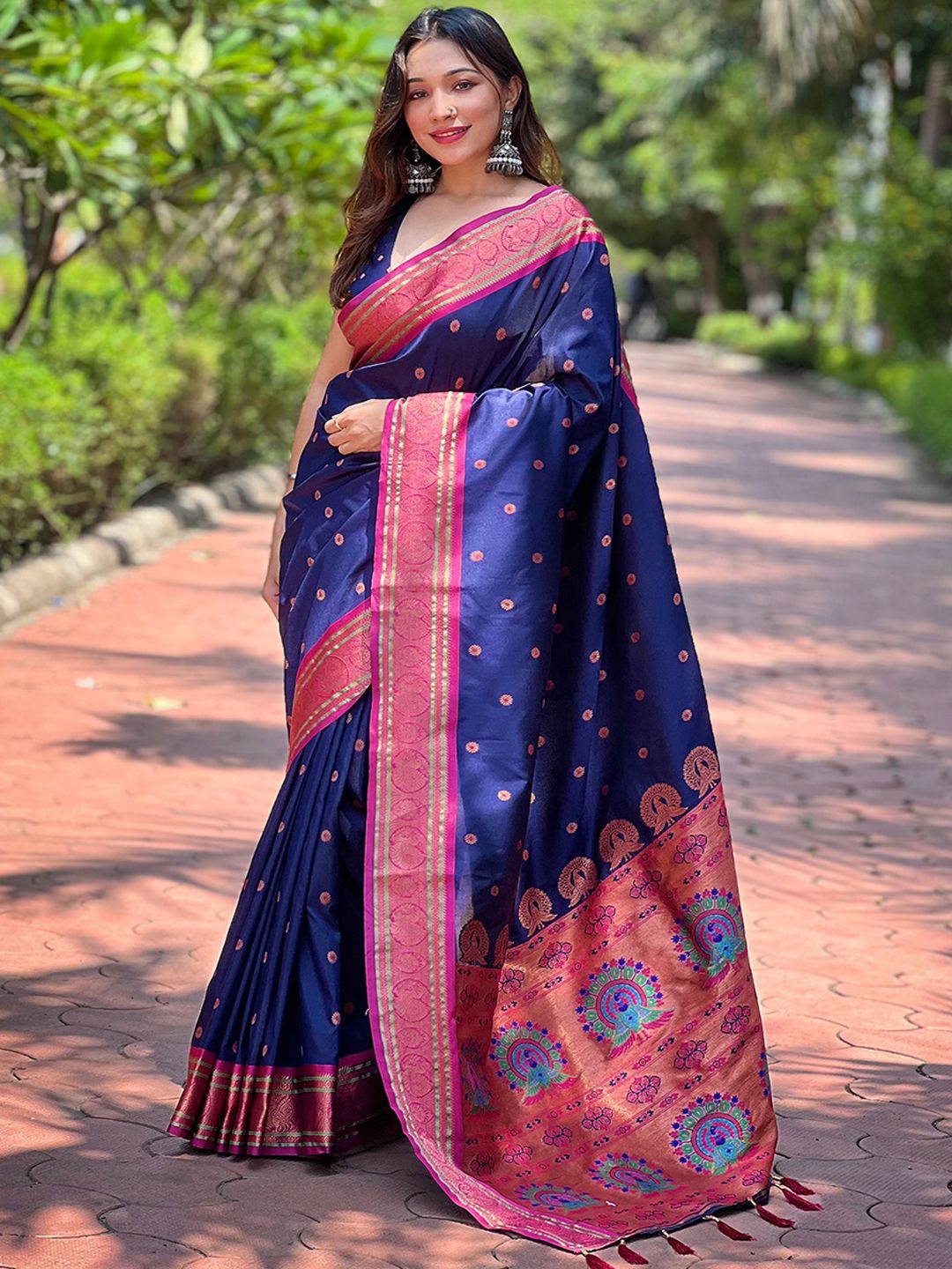 

Panzora Woven Design Zari Silk Blend Designer Paithani Saree, Navy blue