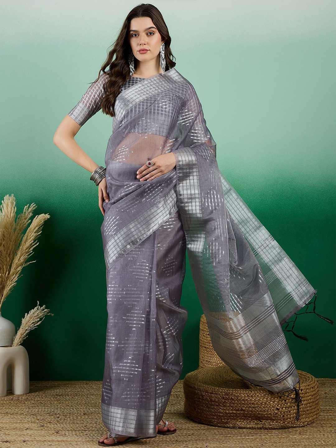 

Kalista Woven Design Zari Organza Banarasi Saree, Grey