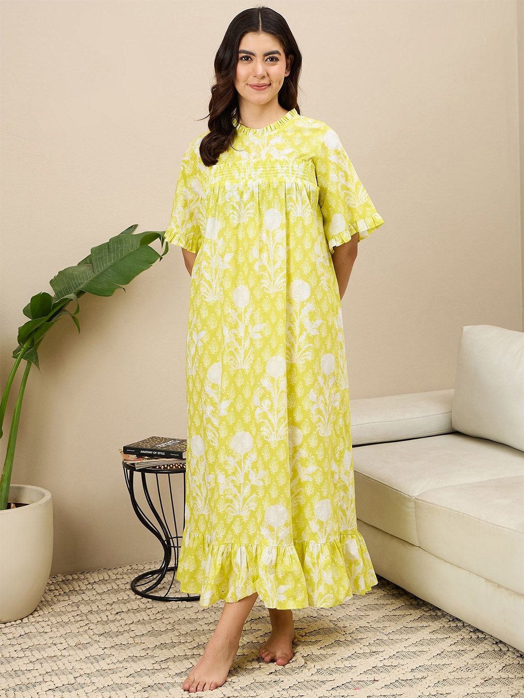 

ETC Women Printed Pure Cotton Maxi Nightdress, Yellow