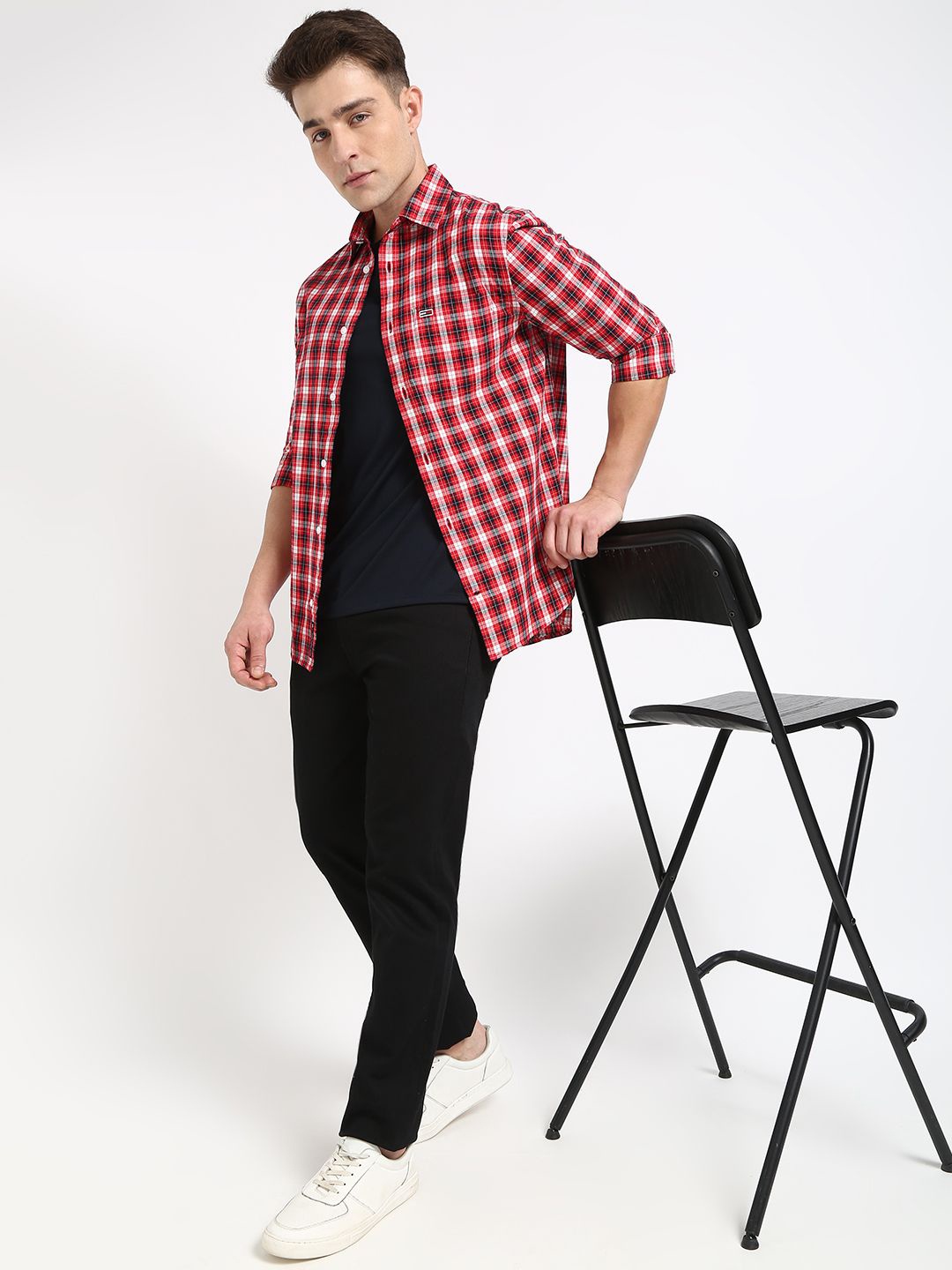 

Tommy Hilfiger Men Spread Collar Tartan Checked Cotton Casual Shirt, Red