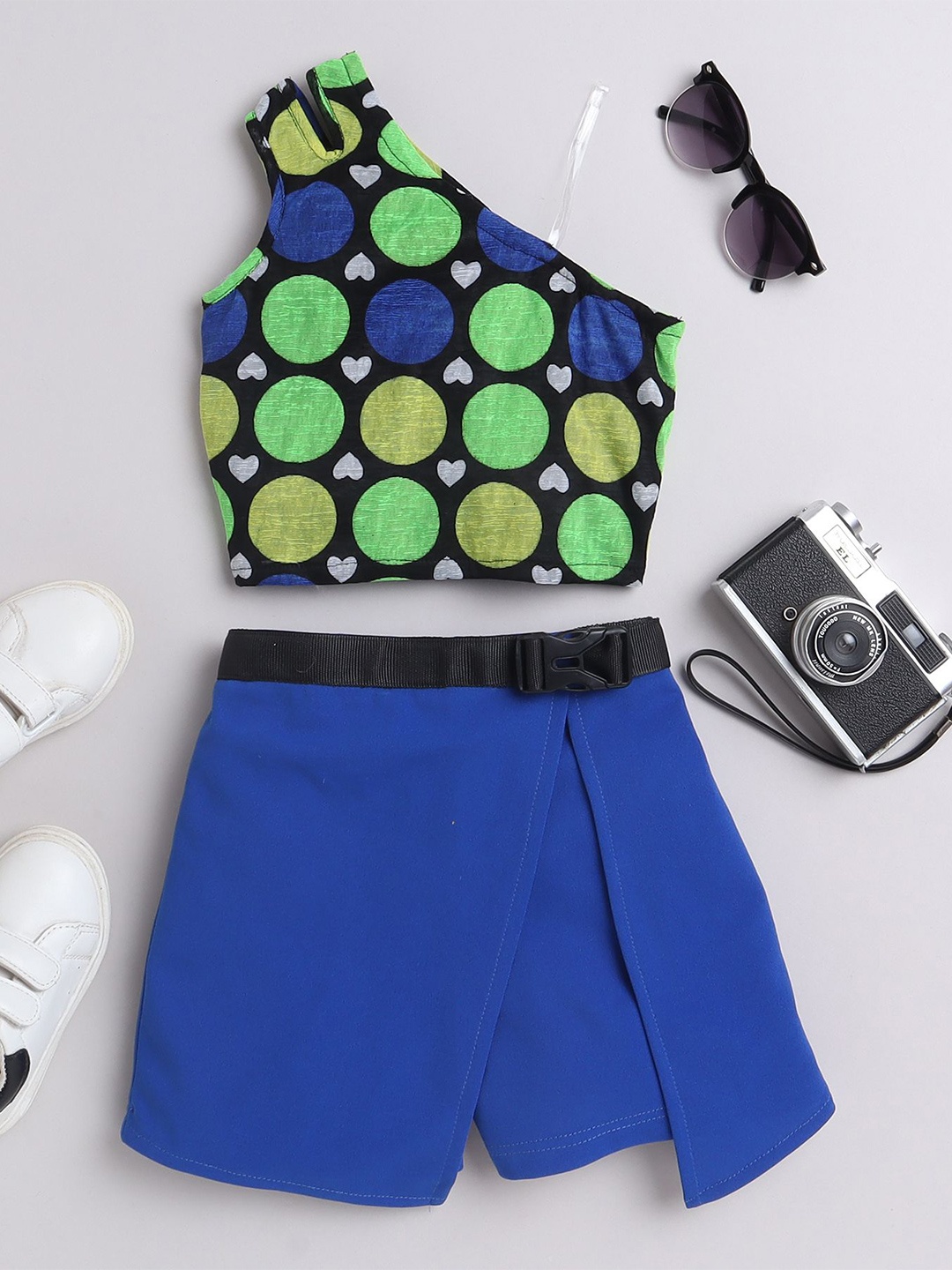 

taffykids Girls Geometric Printed One Shoulder Top With Skirt, Blue