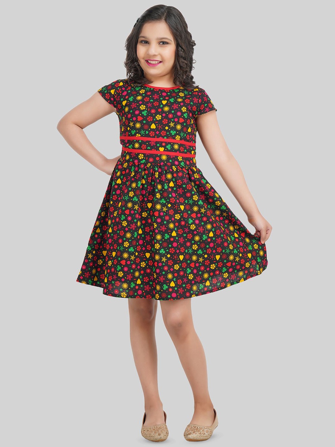 

BEING NAUGHTY Girls Cotton Floral Print A-Line Dress, Black