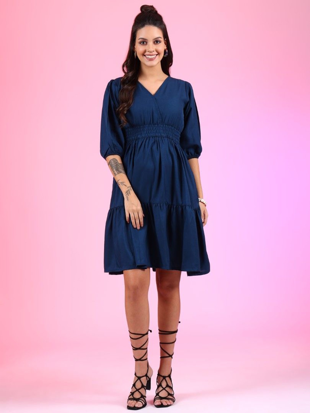 

Femvy Women Smocked Fit & Flare Dress, Blue