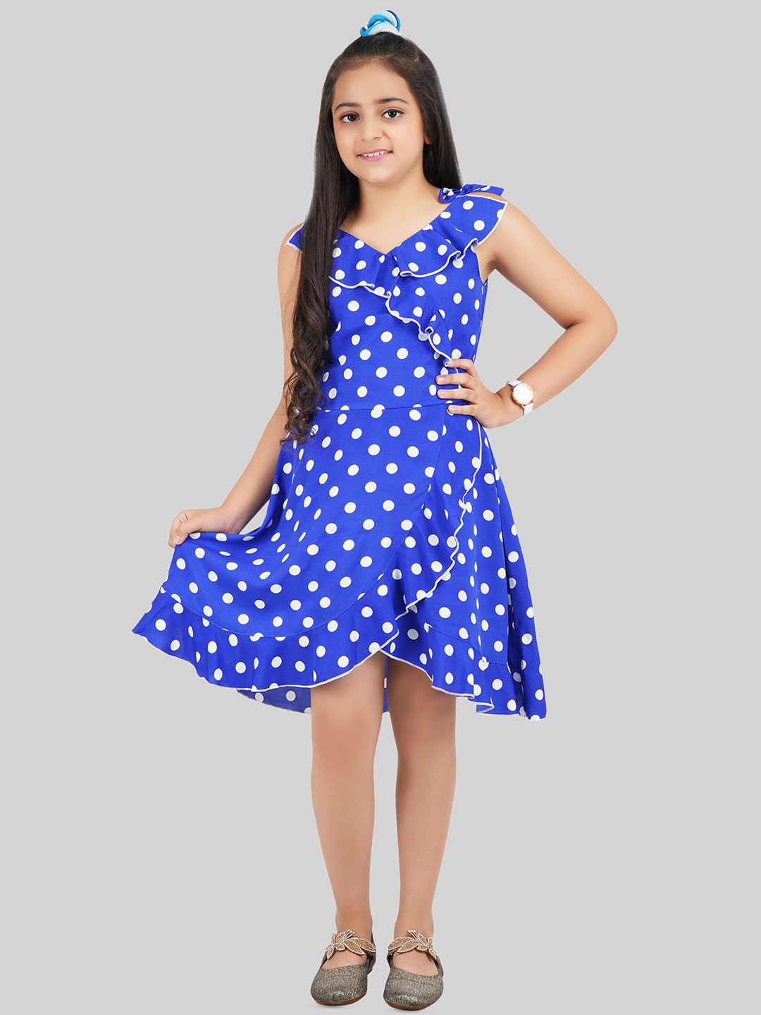 

BEING NAUGHTY Girls Polka Dot Printed Crepe Wrap Dress, Blue