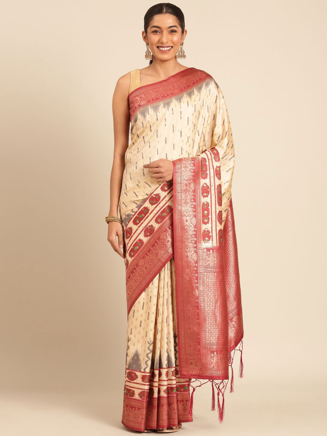 

Panzora Woven Design Zari Silk Blend Saree, Cream