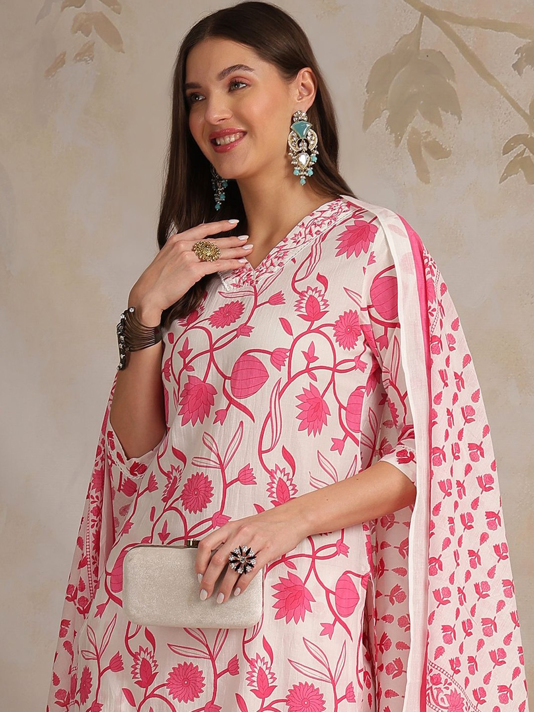

Anouk Pink Floral Printed Regular Thread Work Pure Cotton Kurta With Trousers & Dupatta