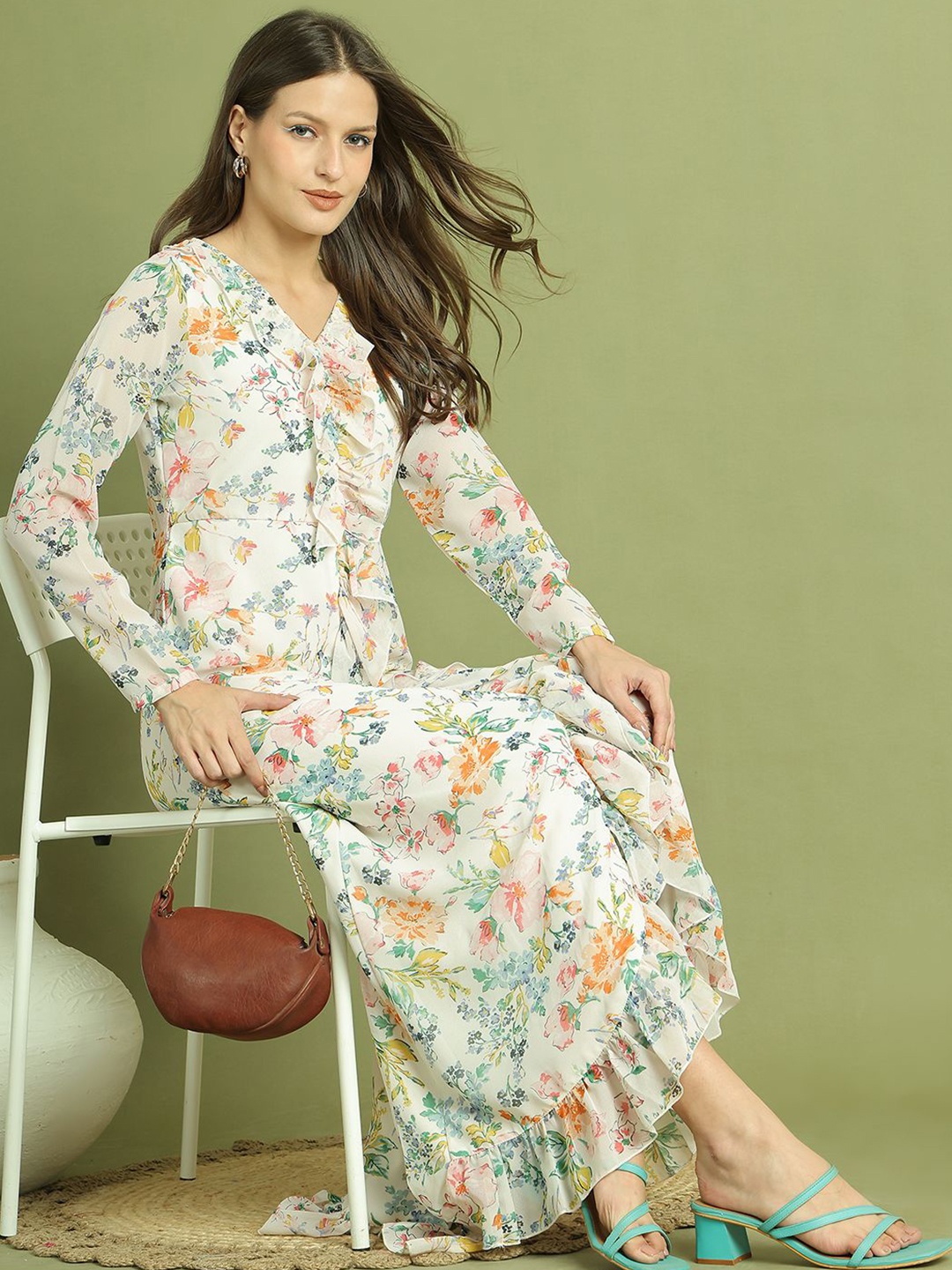 

La Zoire Women Floral Printed Ruffled Georgette Maxi Dress, Off white