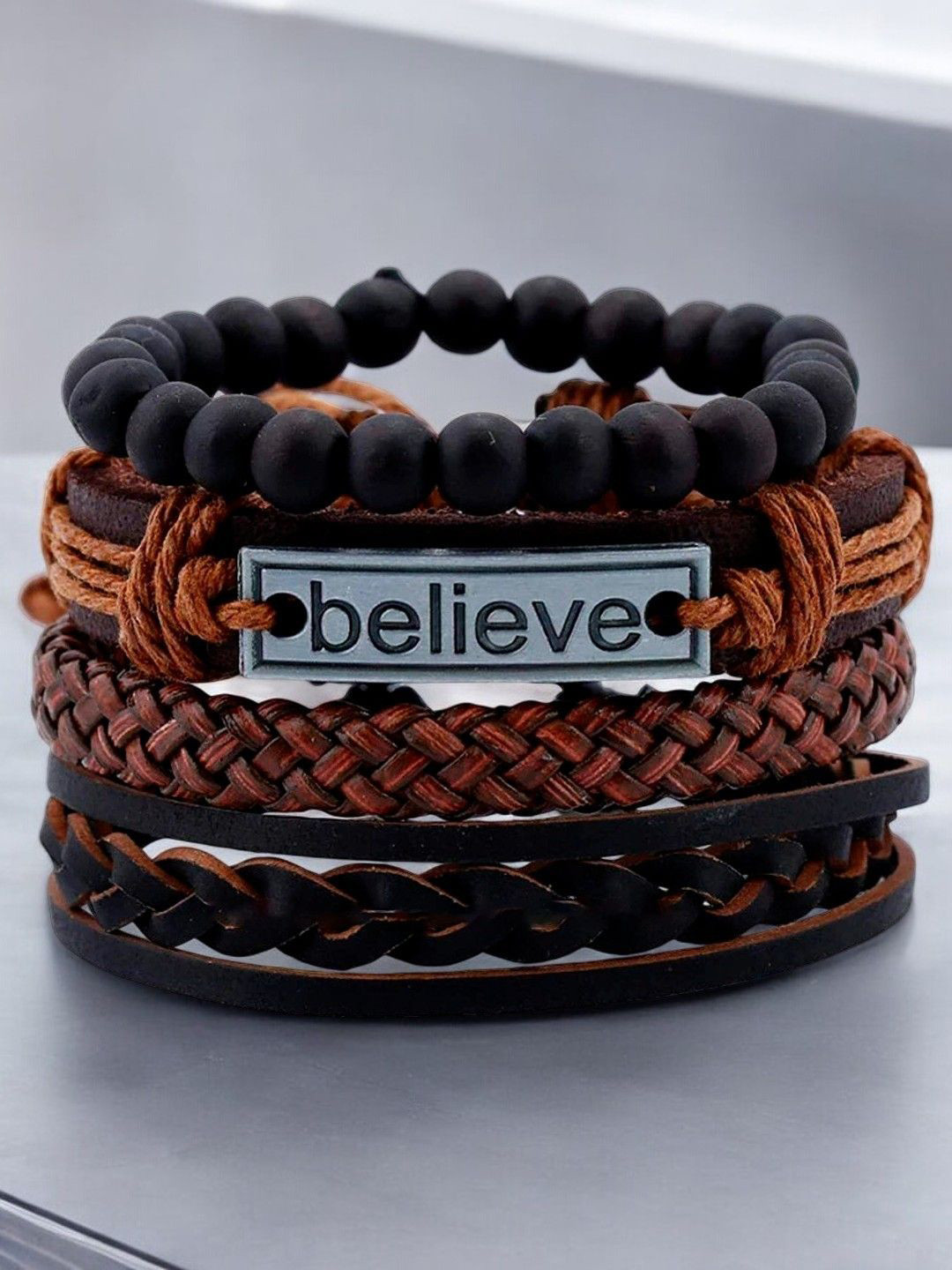 

The Roadster Lifestyle Co. Men Set Of 4 Braided Leather Adjustable Bracelets, Brown