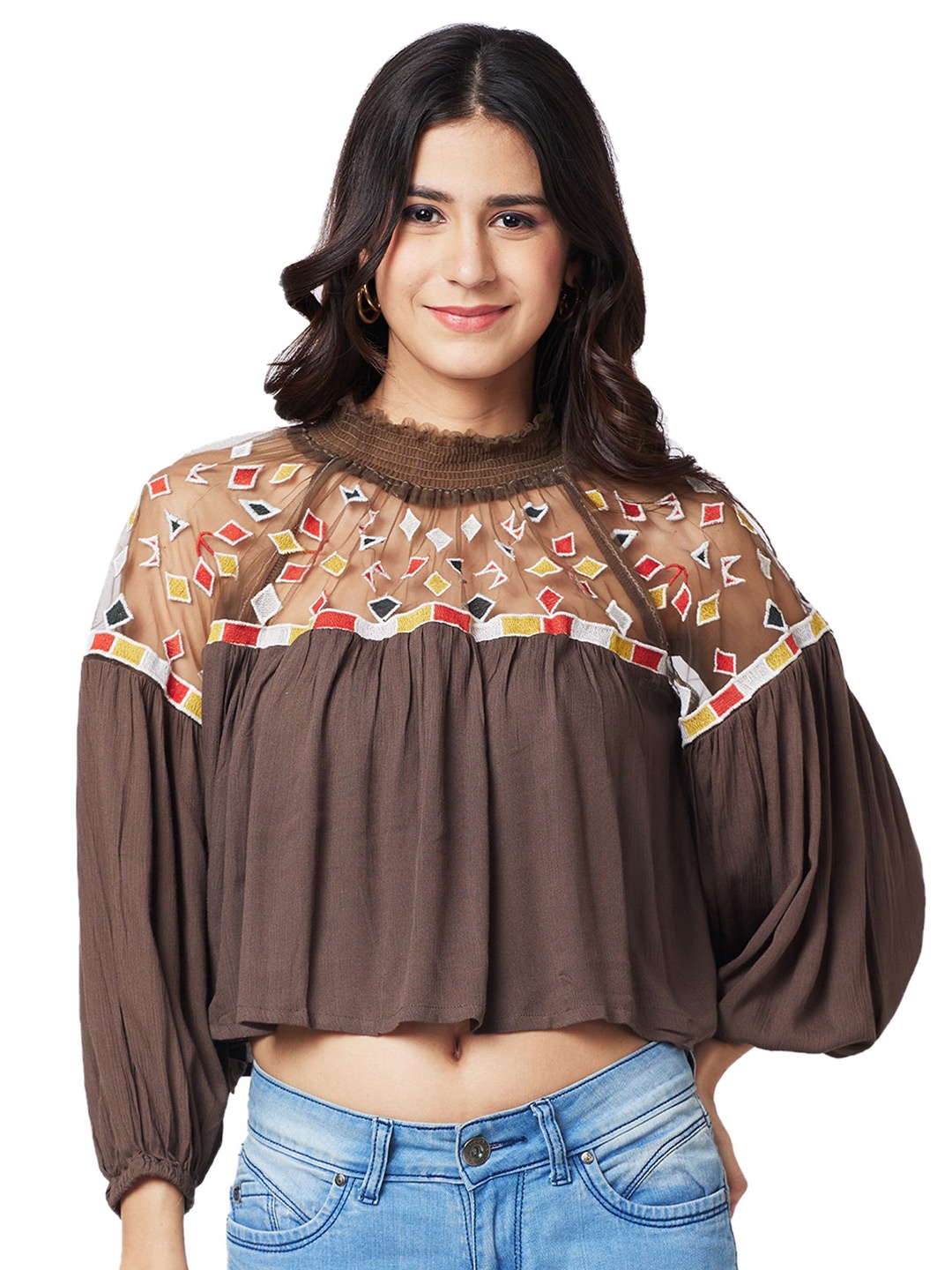 

IZEL Embroidered Puff Sleeve Net Crop Top, Brown