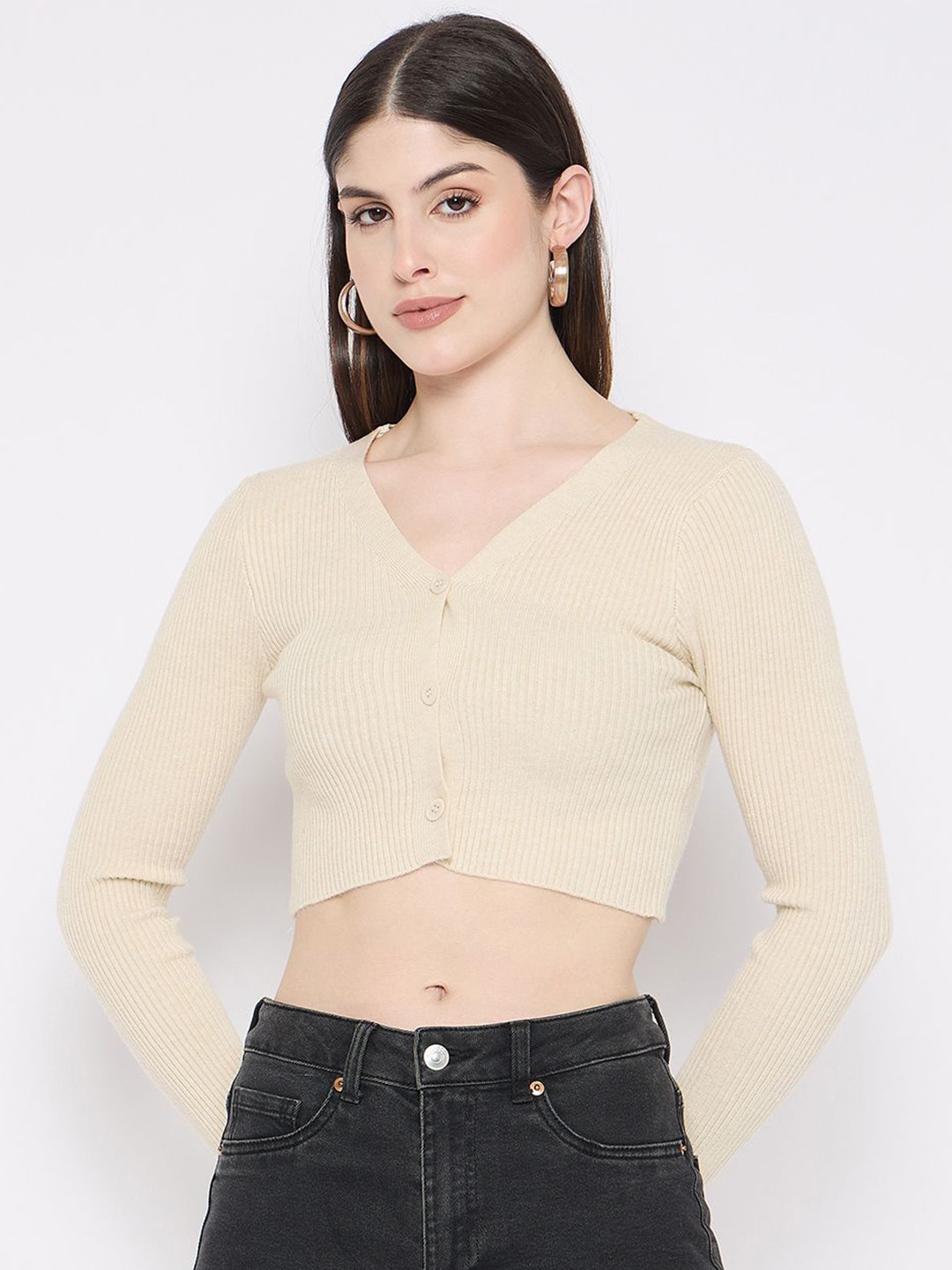 

Camey Women Woollen Ribbed V-Neck Crop Cardigan, Cream