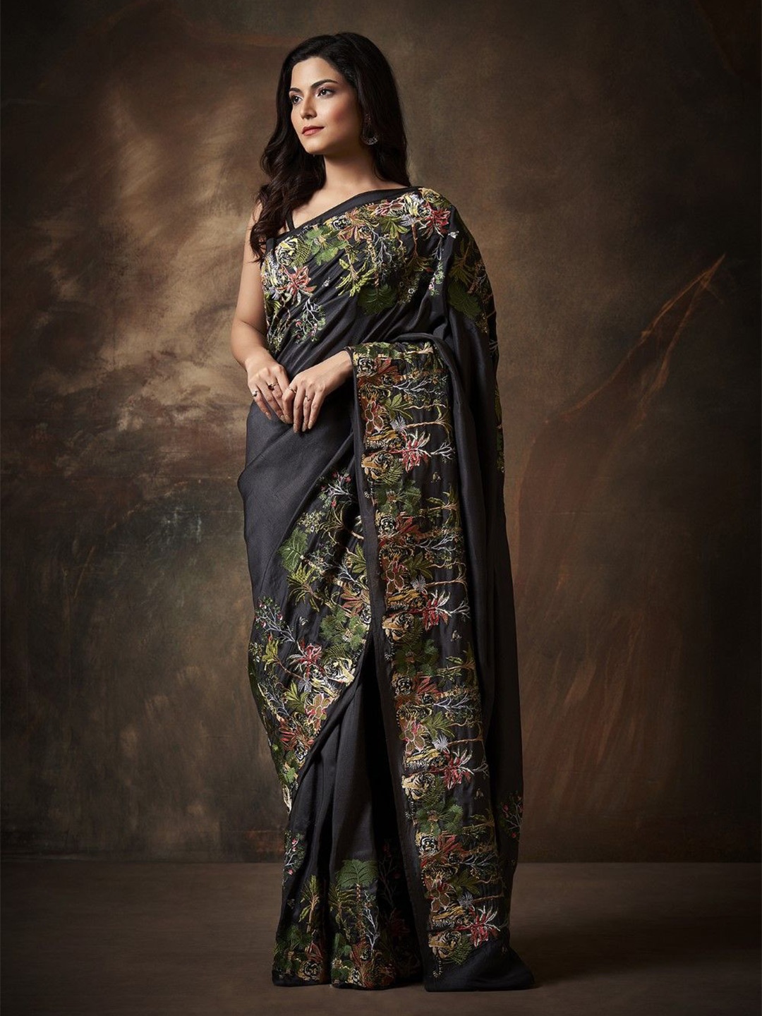 

House of Deepthi Floral Embroidered Pure Silk Saree, Black