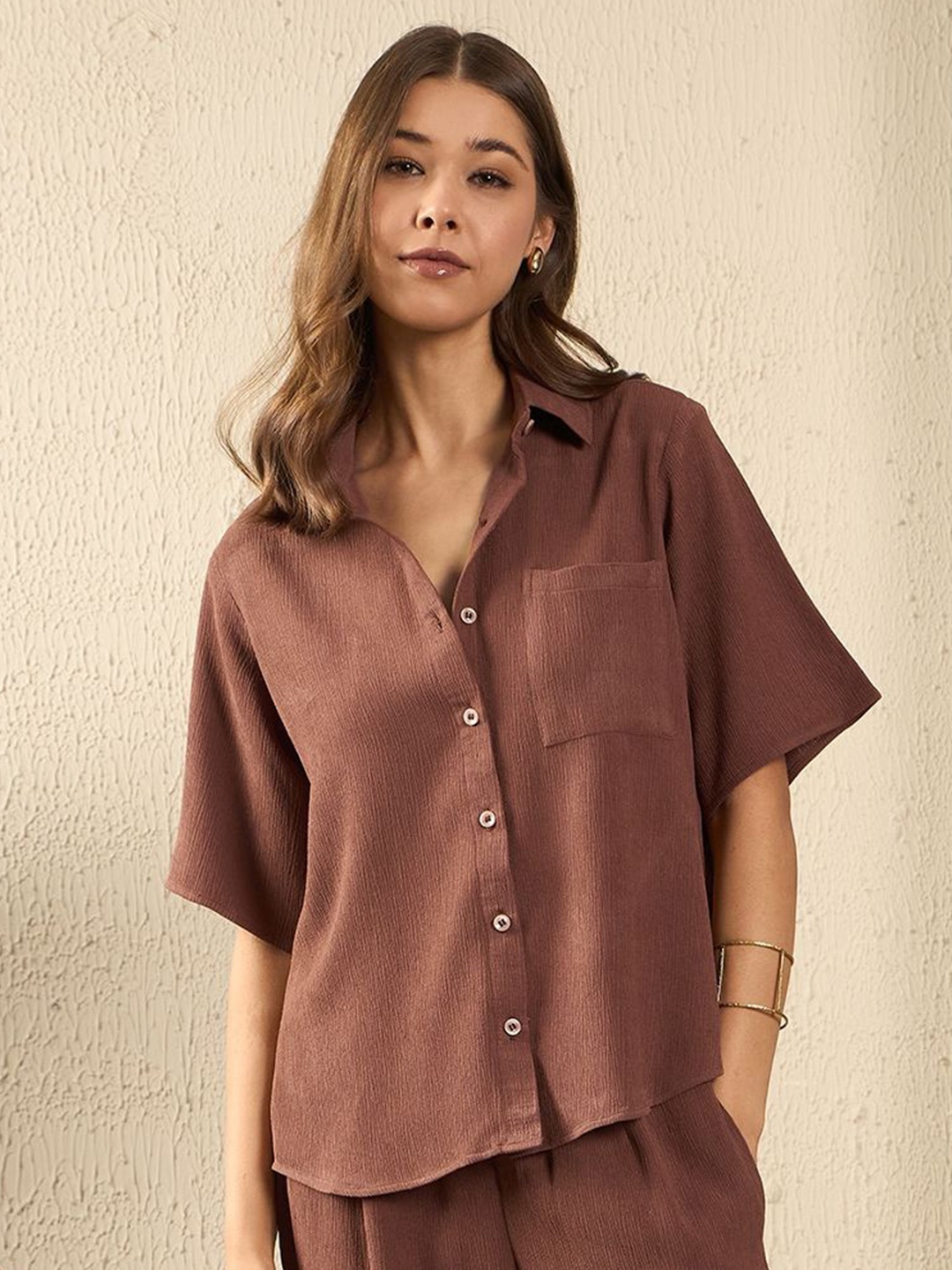

The Roadster Lifestyle Co. Women Spread Collar Textured Relaxed Fit Casual Shirt, Brown