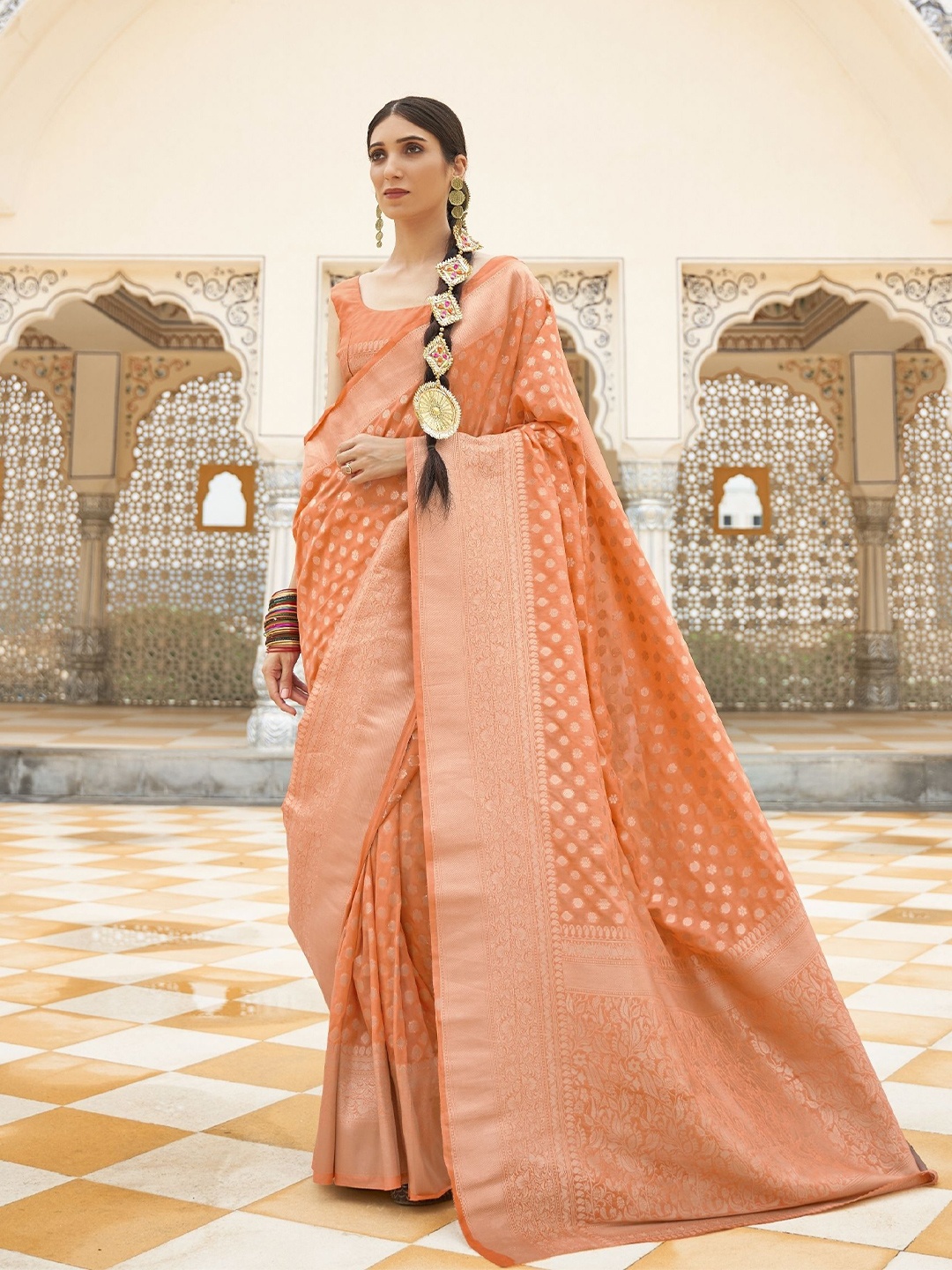 

Rujave Woven Design Zari Pure Georgette Saree, Orange
