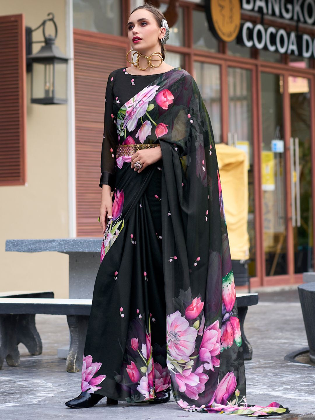 

Panzora Floral Poly Georgette Saree, Black