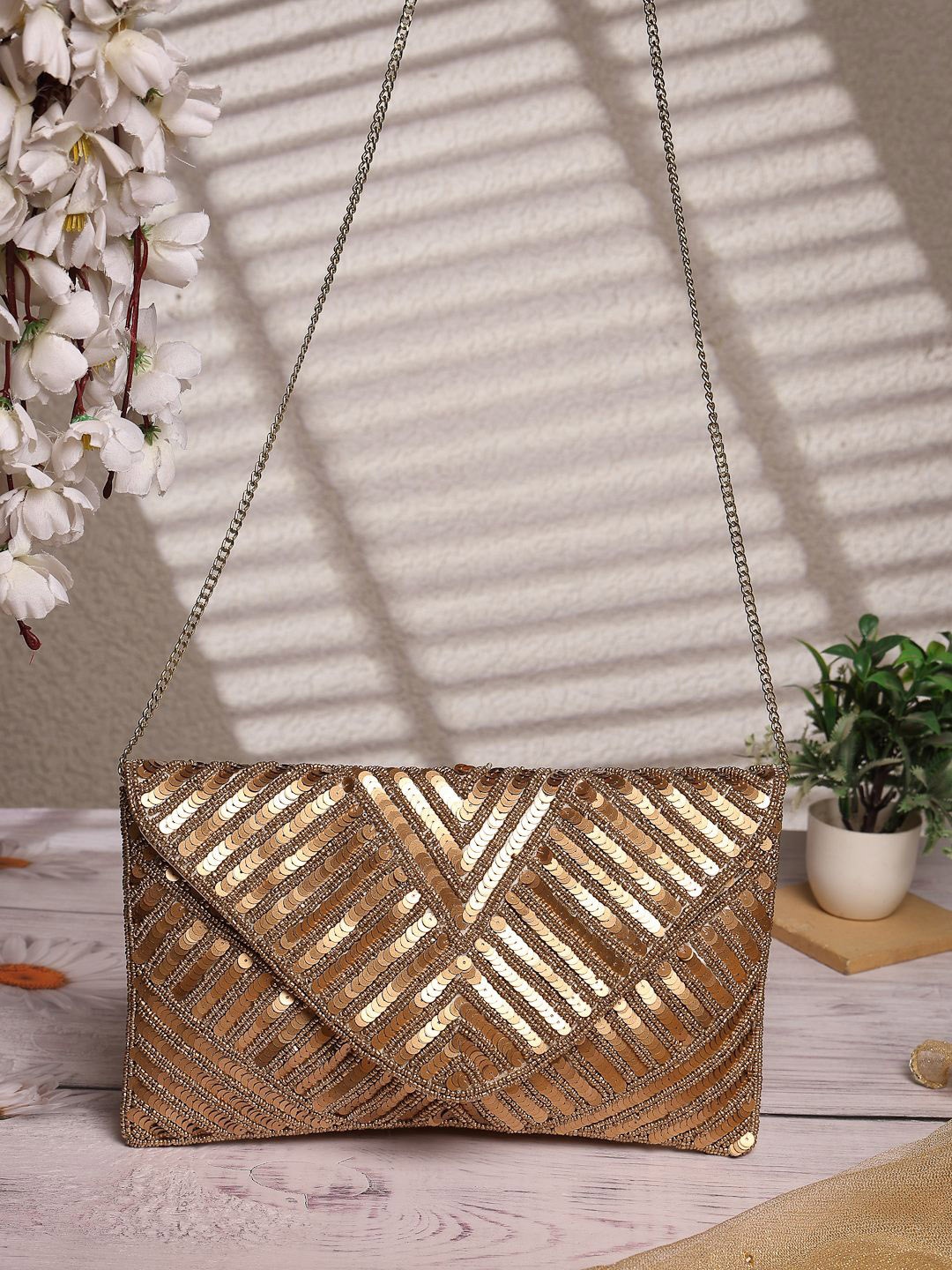 

Anekaant Embellished Structured Sling Bag, Gold