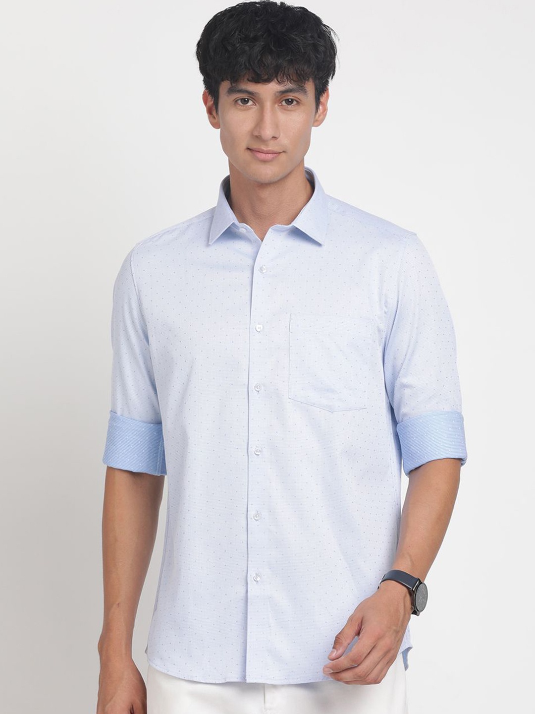 

Turtle Men Standard Spread Collar Micro Ditsy Printed Cotton Formal Shirt, Blue