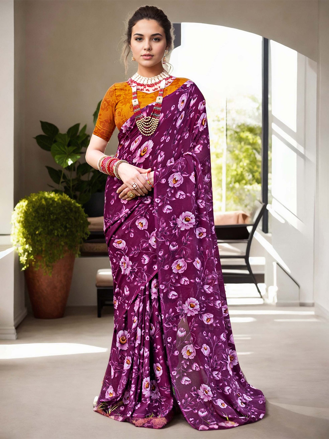 

Anouk Floral Poly Georgette Saree, Purple