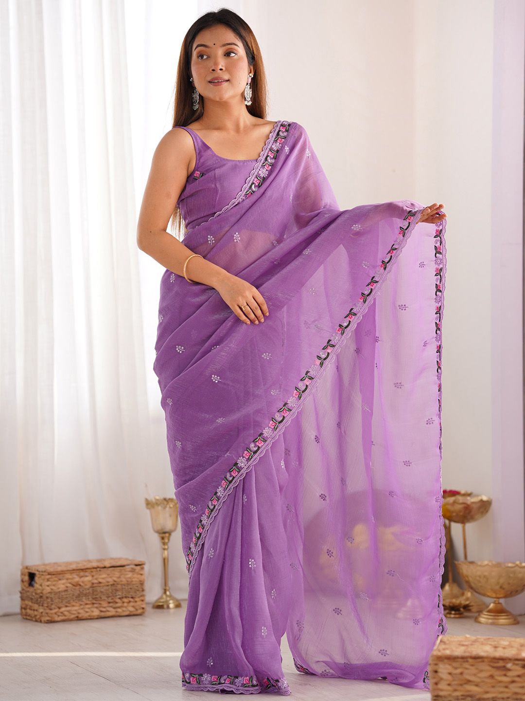 

Anouk Floral Sequinned Tissue Saree, Lavender