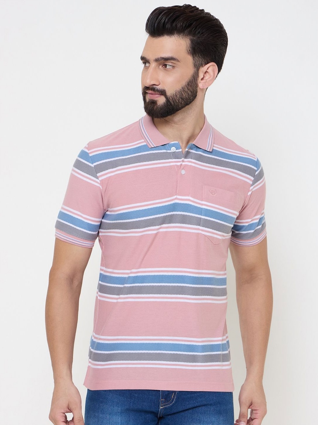 

Duke Men Striped Polo Collar Cotton T-shirt, Peach