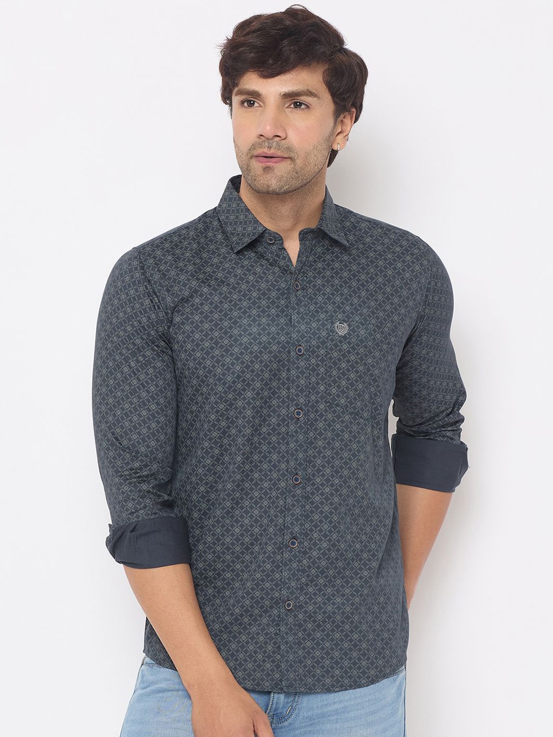 

Duke Men Spread Collar Geometric Printed Cotton Slim Fit Casual Shirt, Blue