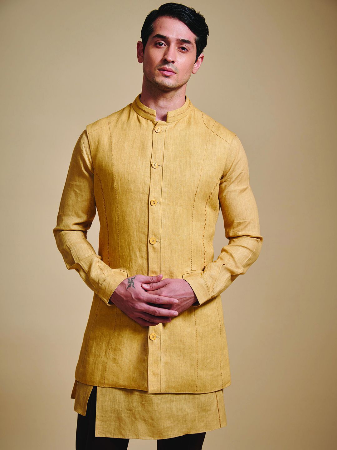 

RR Blue Linen Sleeveless Longline Nehru Jacket, Beige