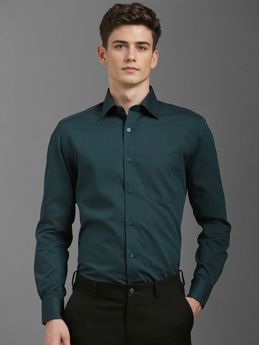

Louis Philippe Men Spread Collar Textured Cotton Formal Shirt, Green