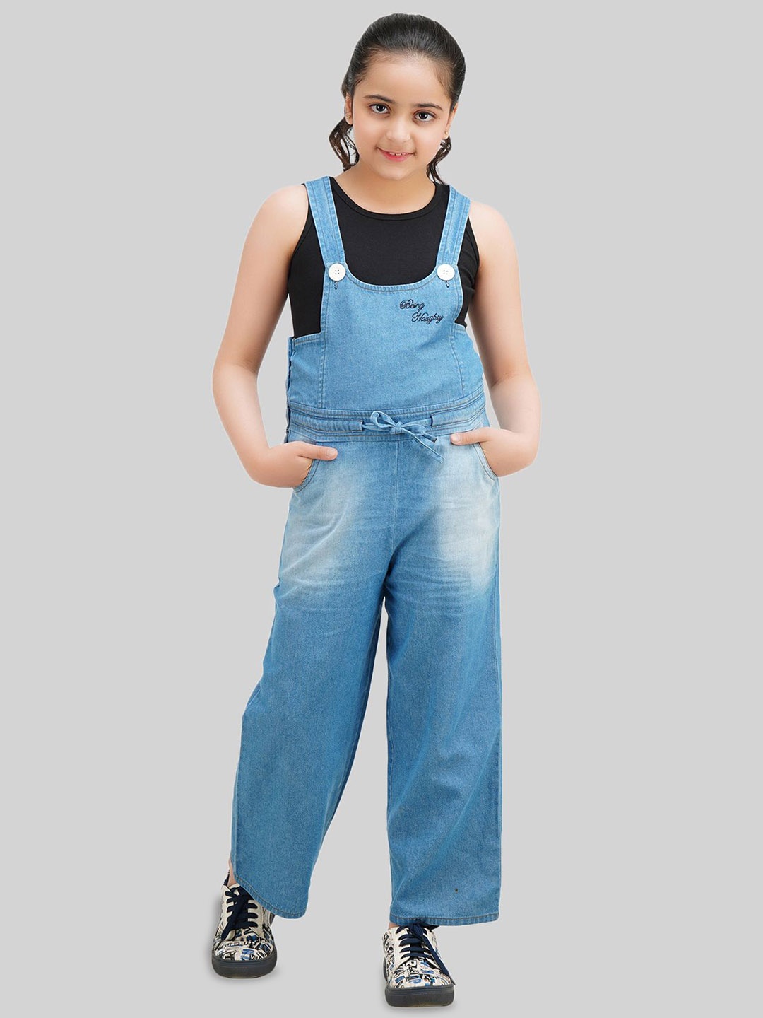 

BEING NAUGHTY Girls Shoulder Straps Neck Sleeveless Cotton Dungaree with Top, Blue