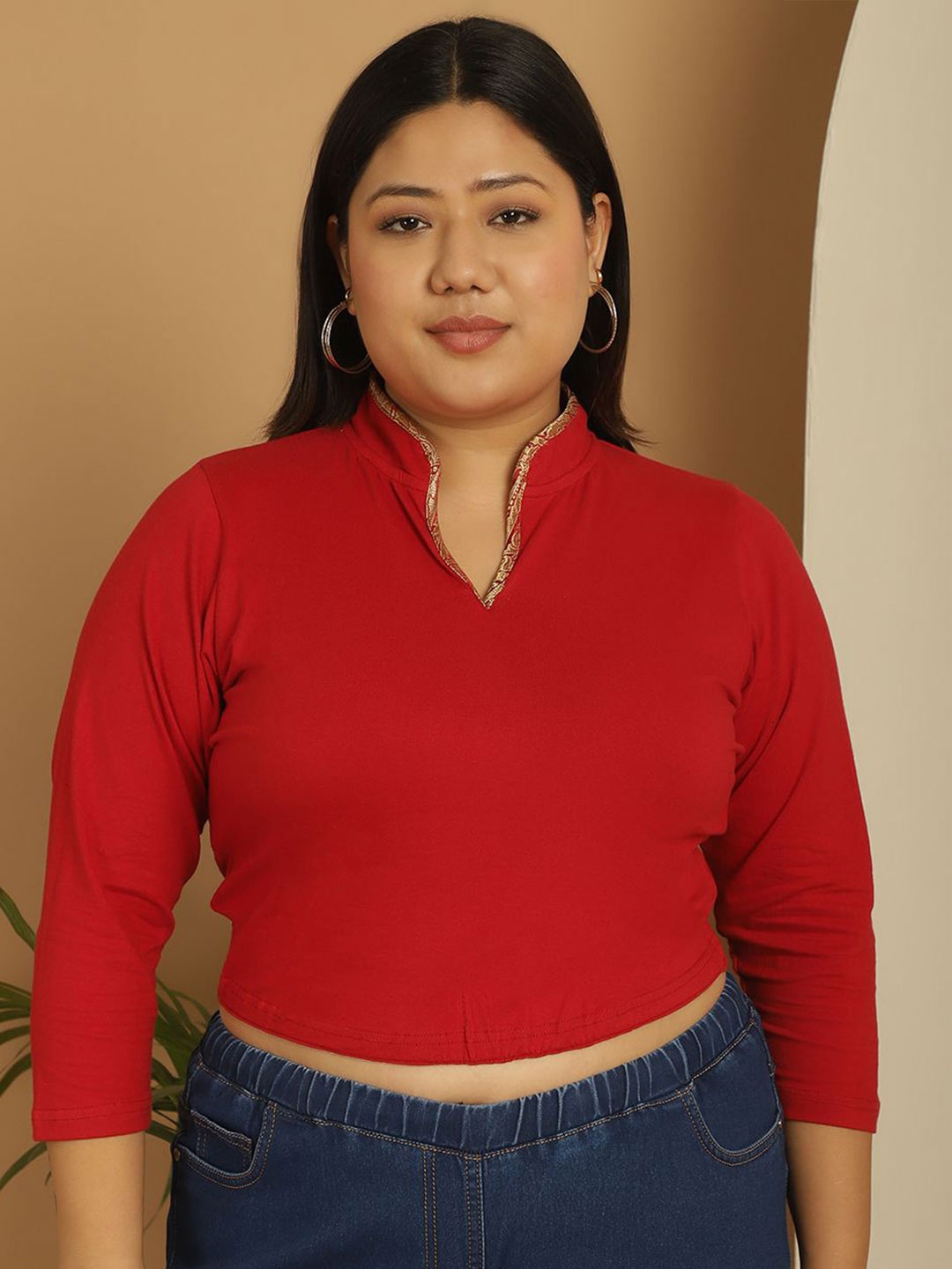

theRebelinme Women Mandarin Collar Cotton Plus Size Blouson Crop Top, Maroon