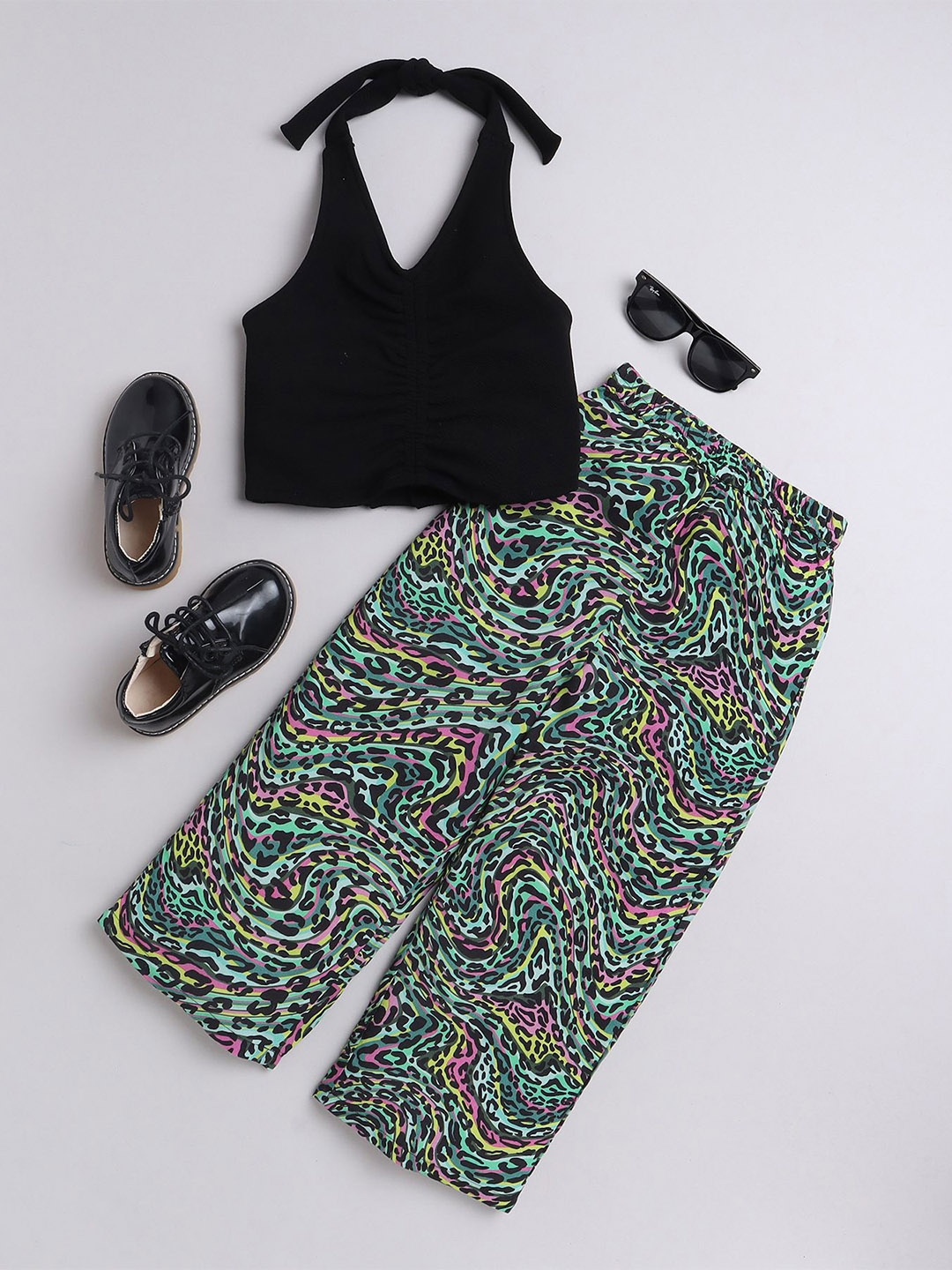 

taffykids Girls Front Ruched Halter Neck Crop Top with Trousers, Black