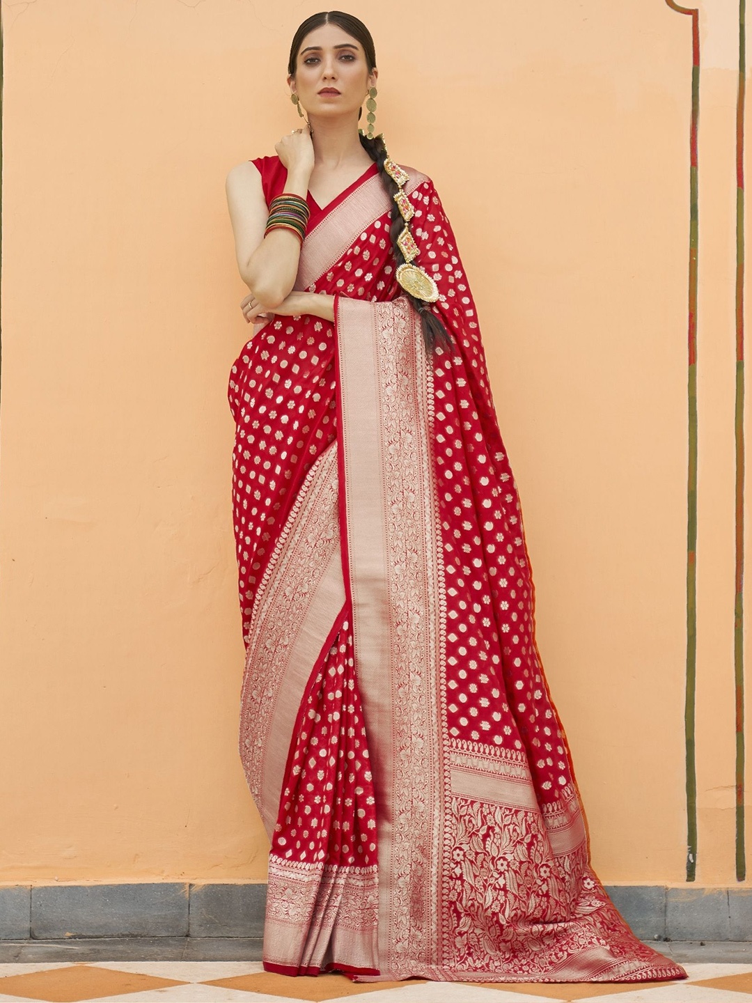 

Rujave Woven Design Pure Georgette Fusion Saree, Red