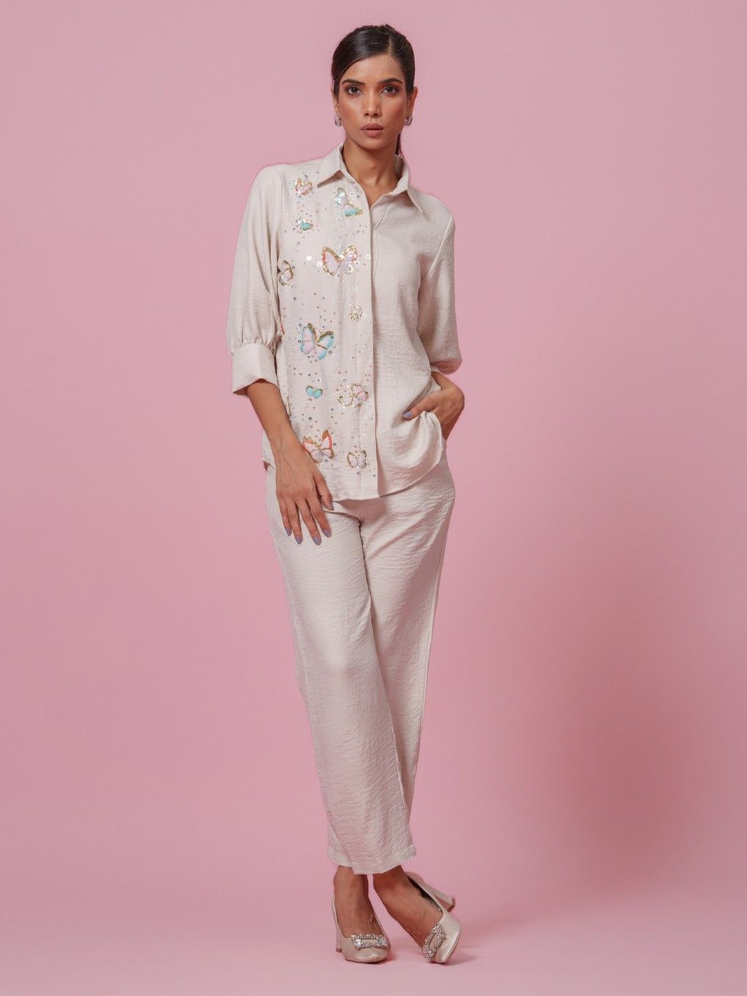 

KINA Printed Shirt Collar Three-Quarter Sleeves Linen Shirt With Trouser, Cream