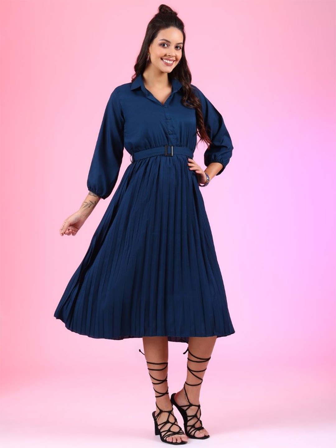 

Raiyani Enterprise Women Shirt Collar Fit & Flare Knee Length Dress, Blue