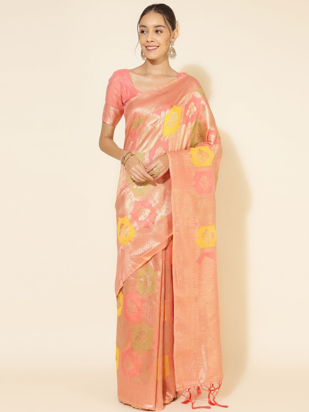 

KALINI Peach Chanderi Silk Ethnic Motifs Saree with Unstitched Blouse Piece