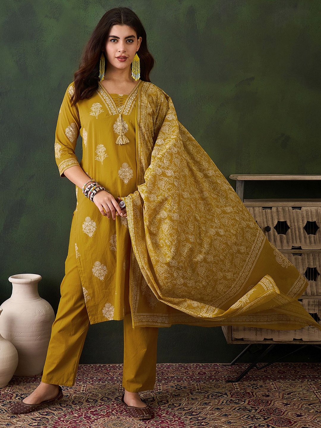 

Sangria Printed Pure Cotton Straight Kurta , Trouser & Dupatta Set, Mustard