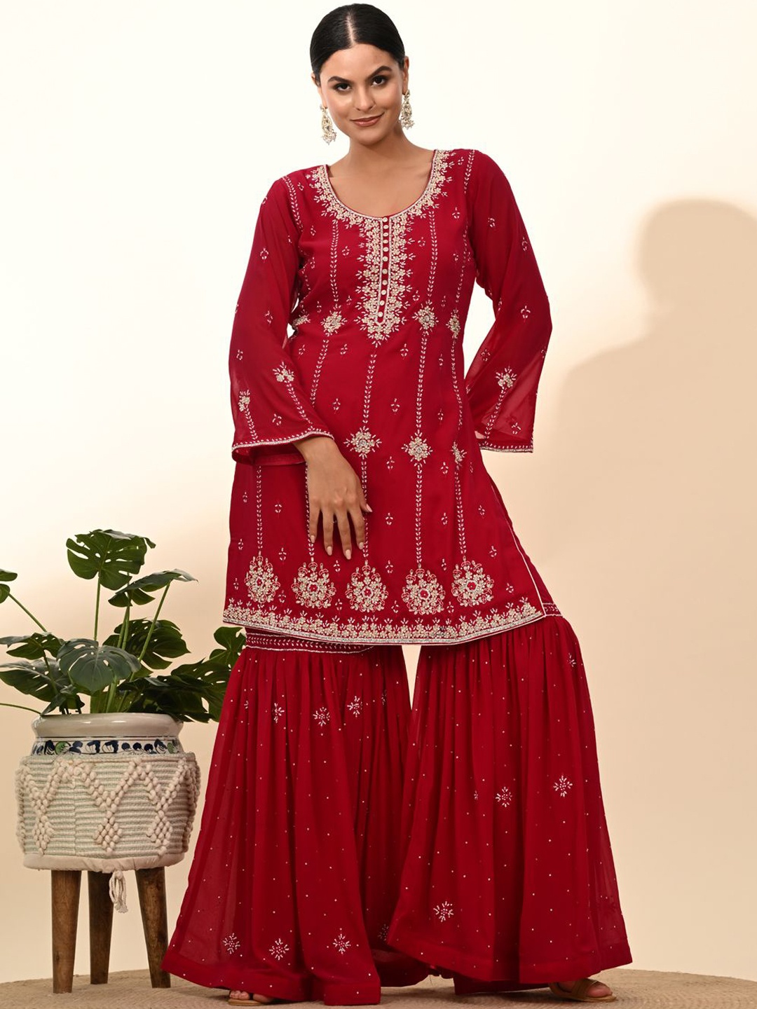 

ZARIKALI Women Ethnic Motifs Embroidered Regular Beads and Stones Kurta with Sharara & With Dupatta, Magenta