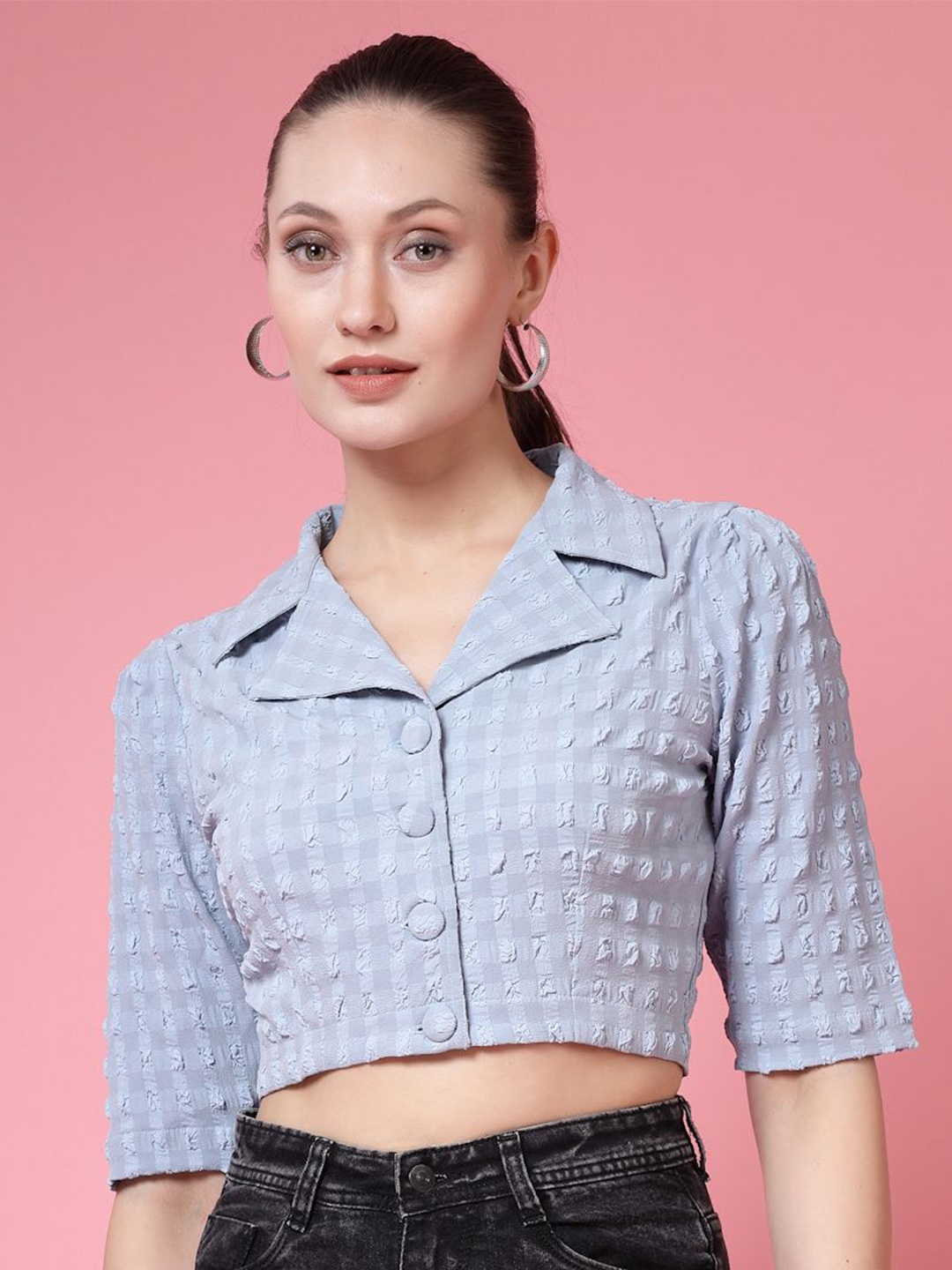 

BEING NAUGHTY Women Solid Short Sleeves Shirt Style Crop Top, Blue