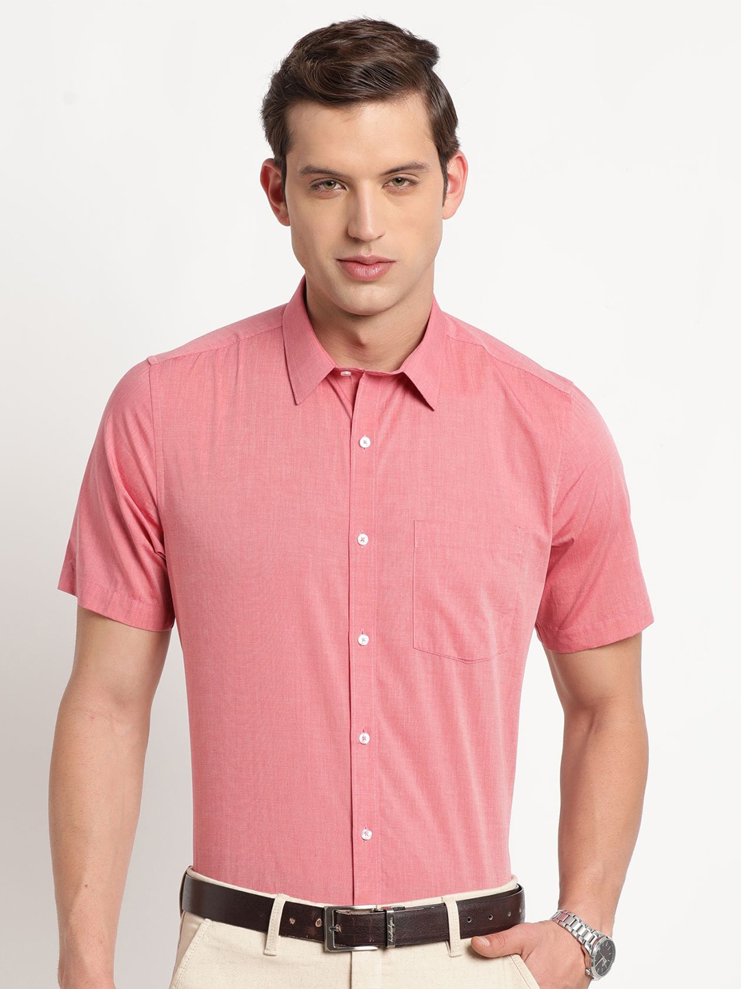 

Turtle Men Standard Spread Collar Solid Cotton Slim Fit Formal Shirt, Pink