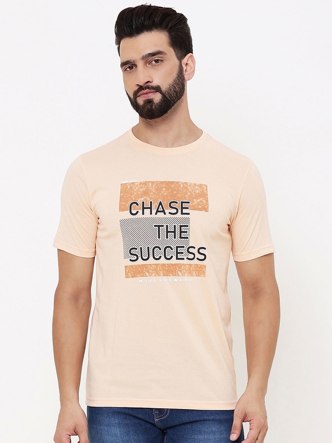 

Duke Men Typography Printed Slim Fit Cotton T-shirt, Peach