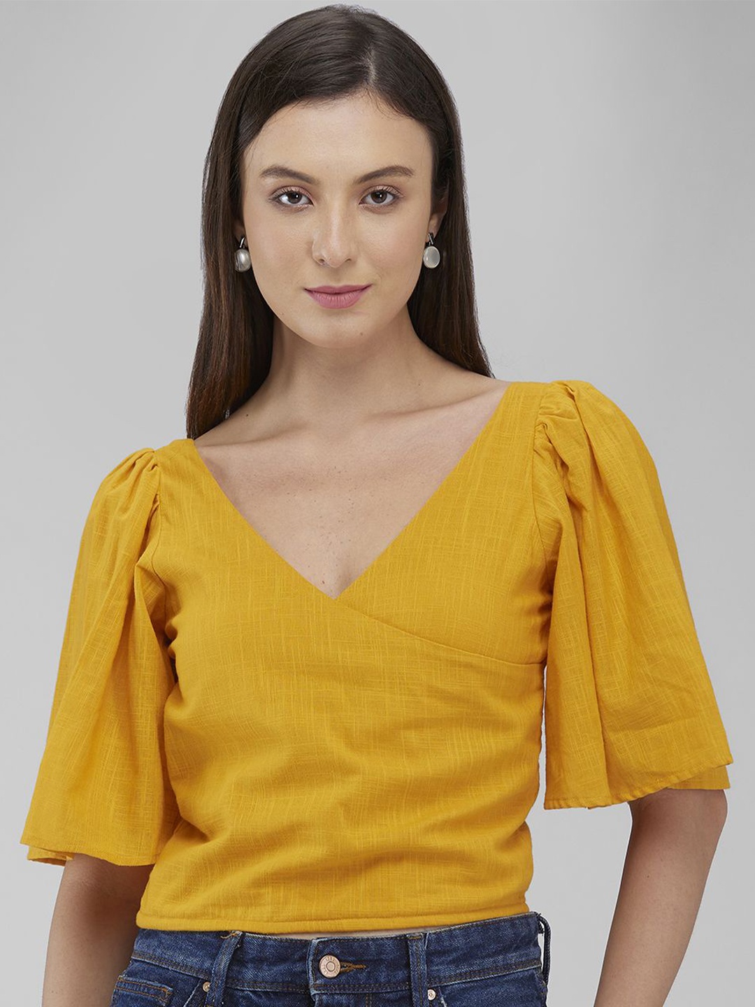 

IZEL Flared Sleeve Cotton Crop Top, Mustard