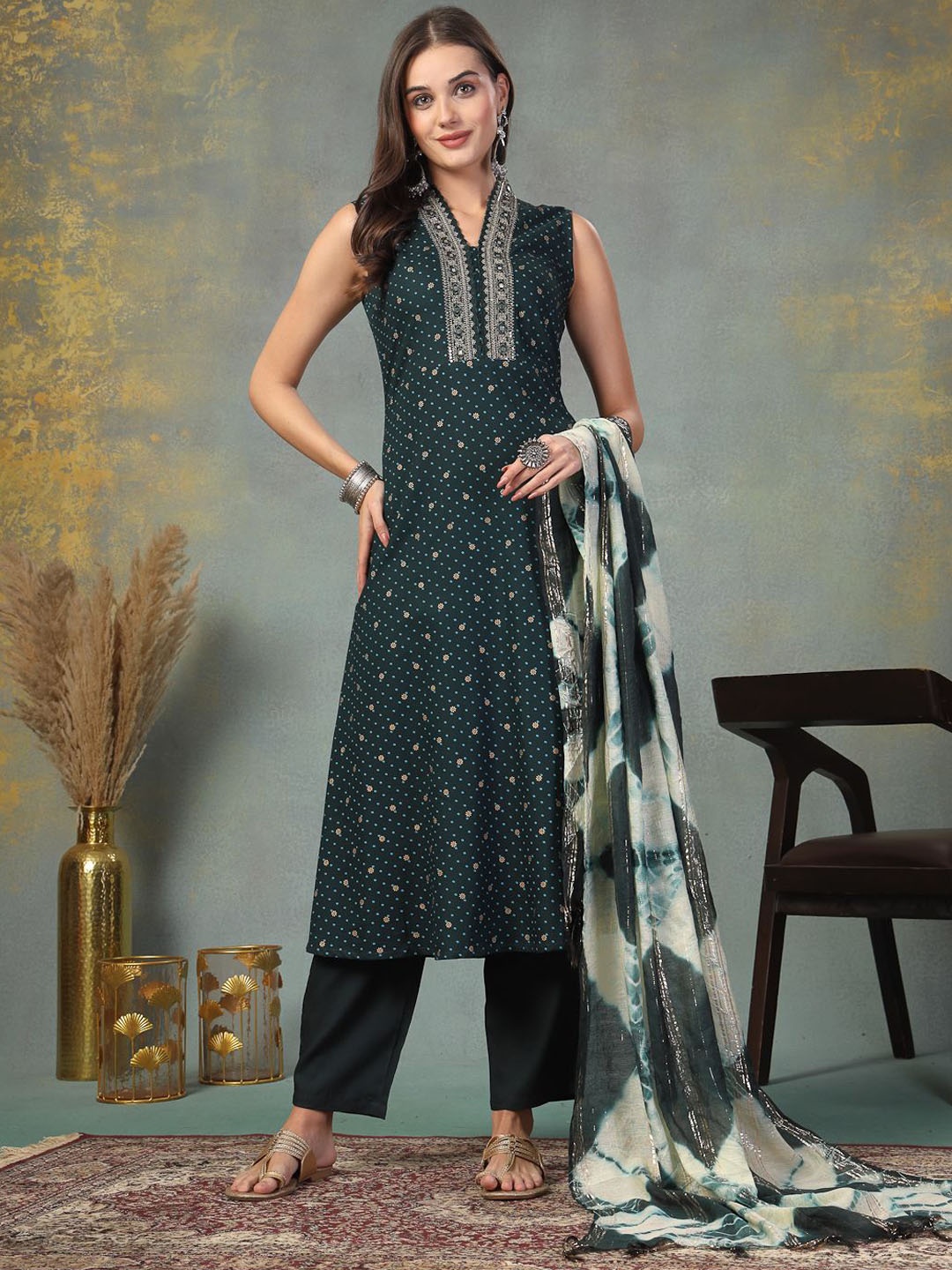 

Stylum Women Bandhani Printed Shawl Neck Lace Frills Bows and Ruffles Kurta, Teal