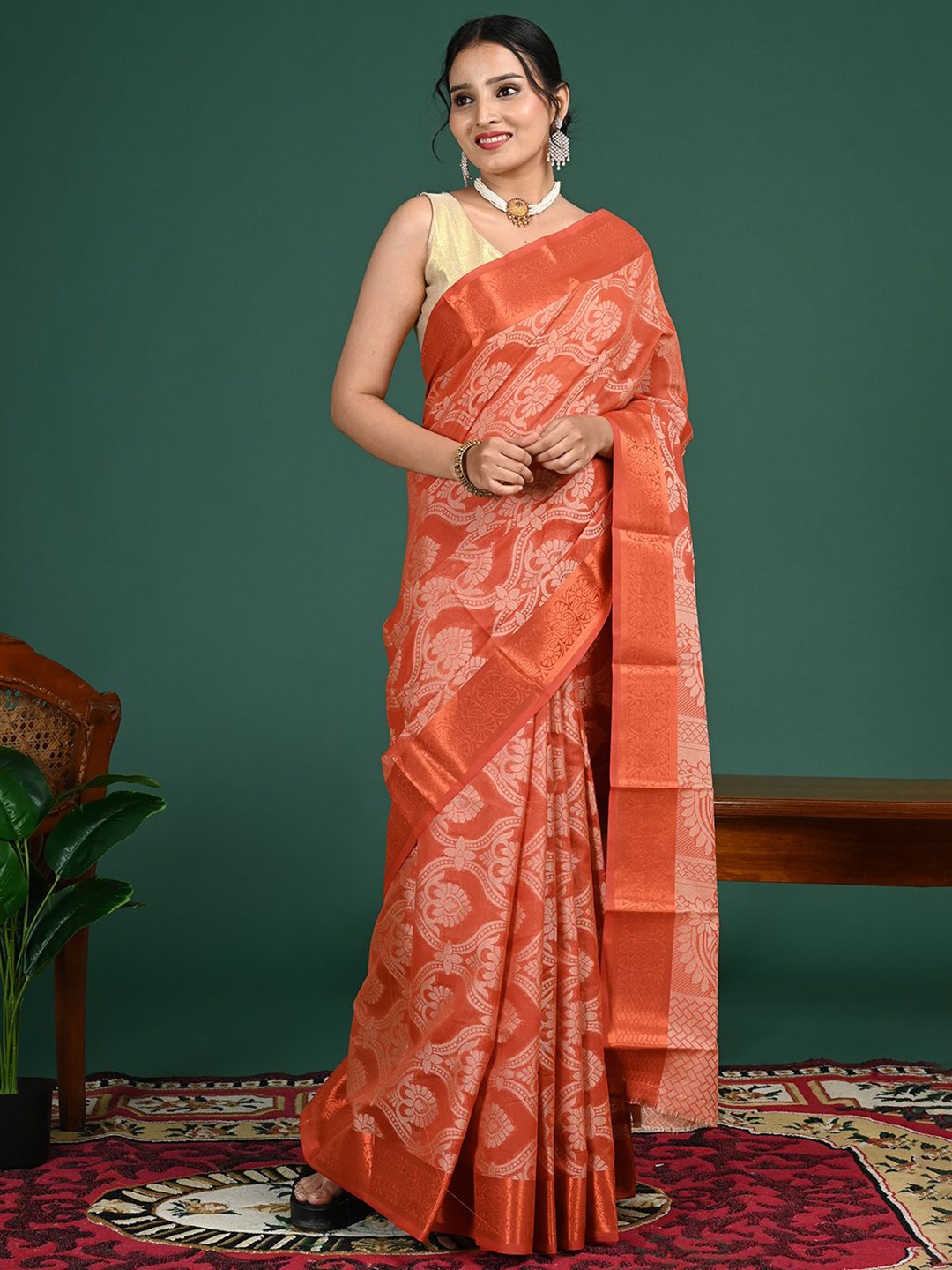 

HELLA FASHIONS Woven Design Zari Art Silk Saree, Rust