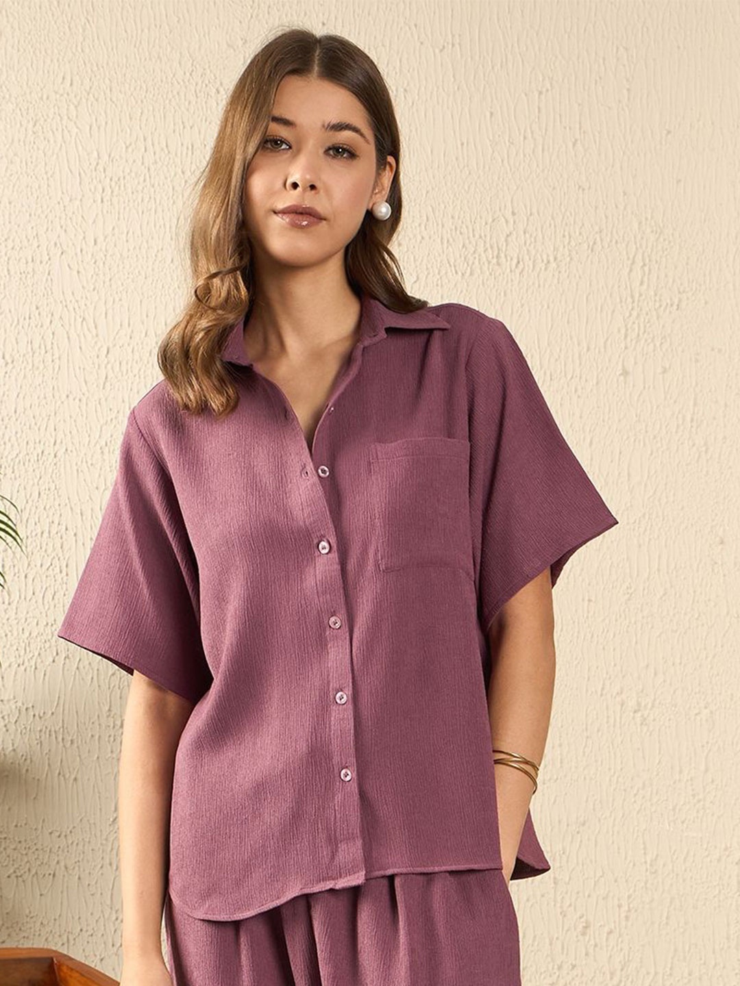 

The Roadster Lifestyle Co. Women Spread Collar Textured Casual Shirt, Purple