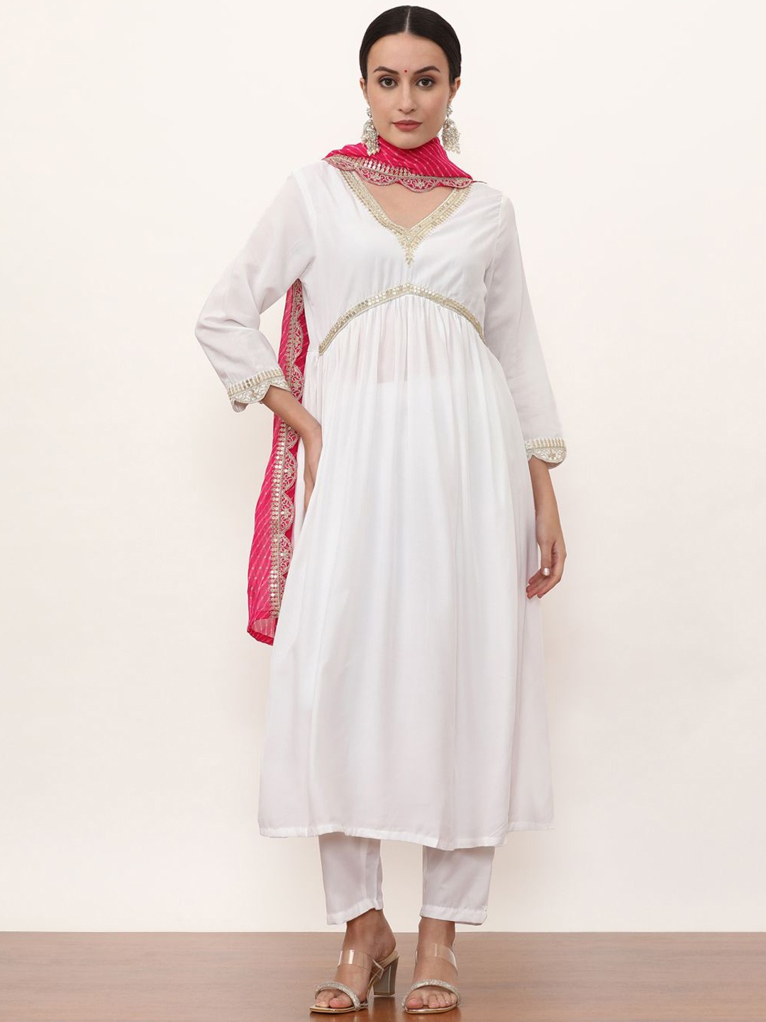 

Jaipur Kurti Women Ethnic Motifs Embroidered Empire Gotta Patti Kurta with Trousers & With Dupatta, Pink